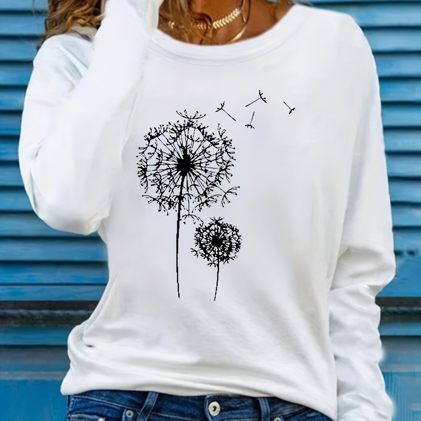 

Dandelion Print Tee, Casual Long Sleeve T-shirt, Women's Clothing