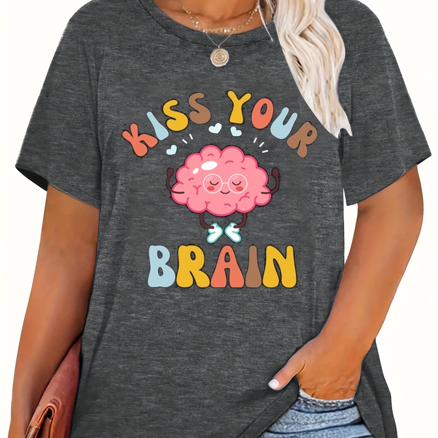 

Plus Size Cartoon Brain Print T-shirt, Casual Short Sleeve Top For Spring & Summer, Women's Plus Size Clothing