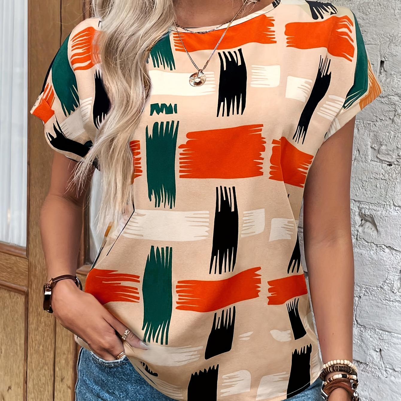 

Brush Print Crew Neck Blouse, Elegant Short Sleeve Back Keyhole Blouse For Spring & Summer, Women's Clothing