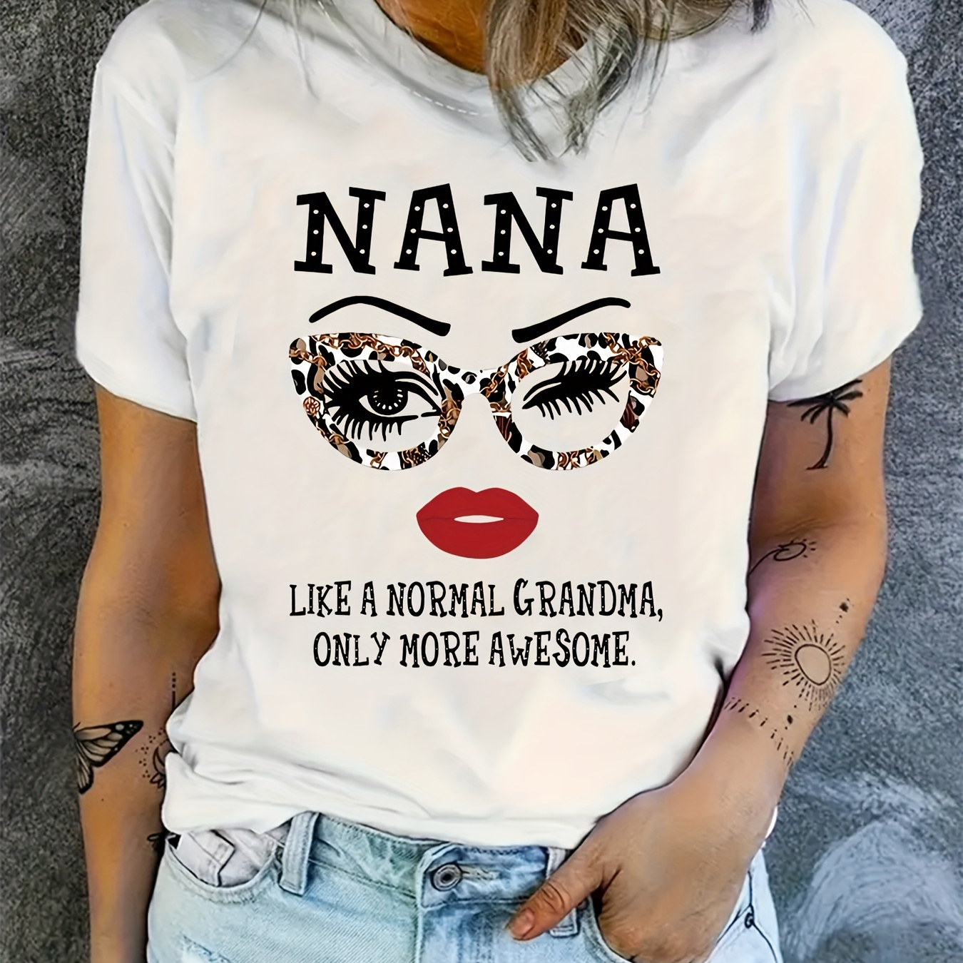 

Nana Print Crew Neck T-shirt, Short Sleeve Casual Top For Summer & Spring, Women's Clothing