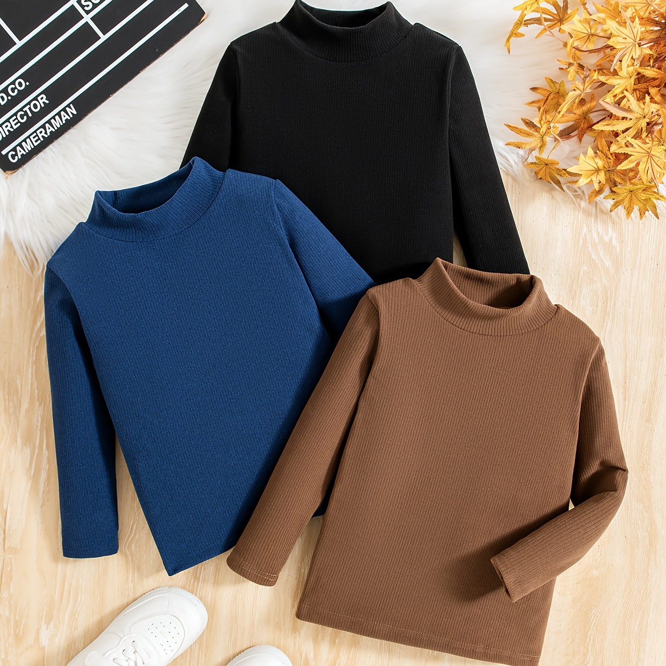 

3pcs Boy's Turtle Neck Cozy Knit Pullovers, Long Sleeve Solid Cozy Stretch Sweaters For Autumn Winter Outdoor