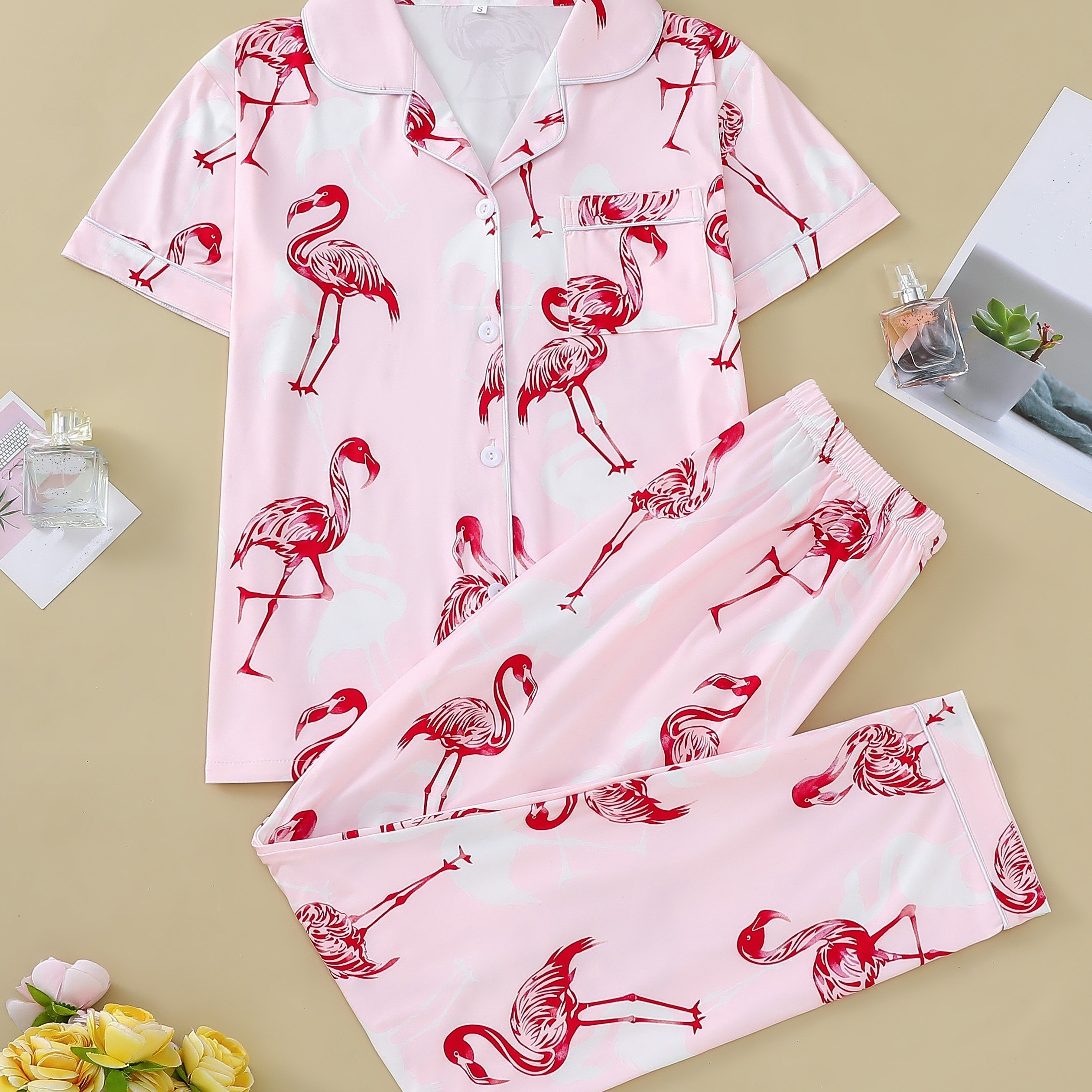 

Casual Flamingo Print Pajama Set, Short Sleeve Button Up Lapel Collar Top & Elastic Pants, Women's Sleepwear & Loungewear