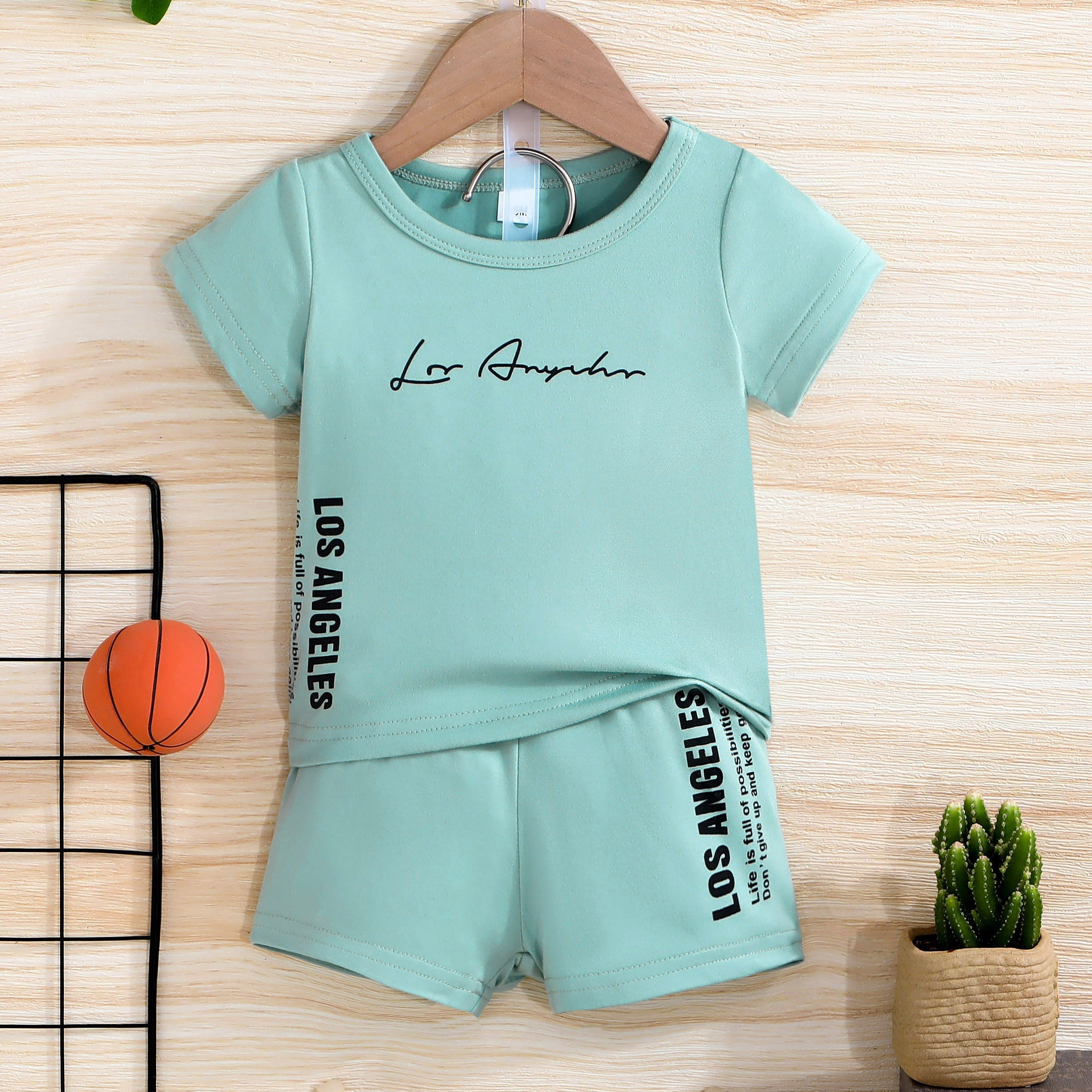 

2pcs Infant Boy's "los Angeles" Print Summer Set, Short Sleeve Crew Neck T-shirt & Casual Shorts
