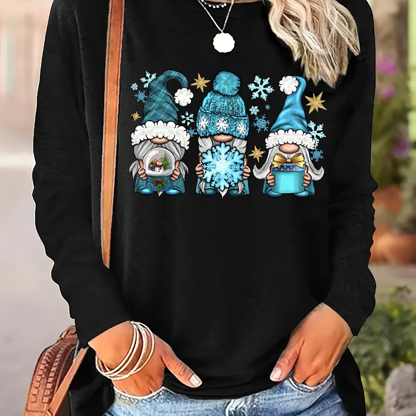 

Christmas Neck T-shirt, Casual Long Sleeve Top For Spring & Fall, Women's Clothing