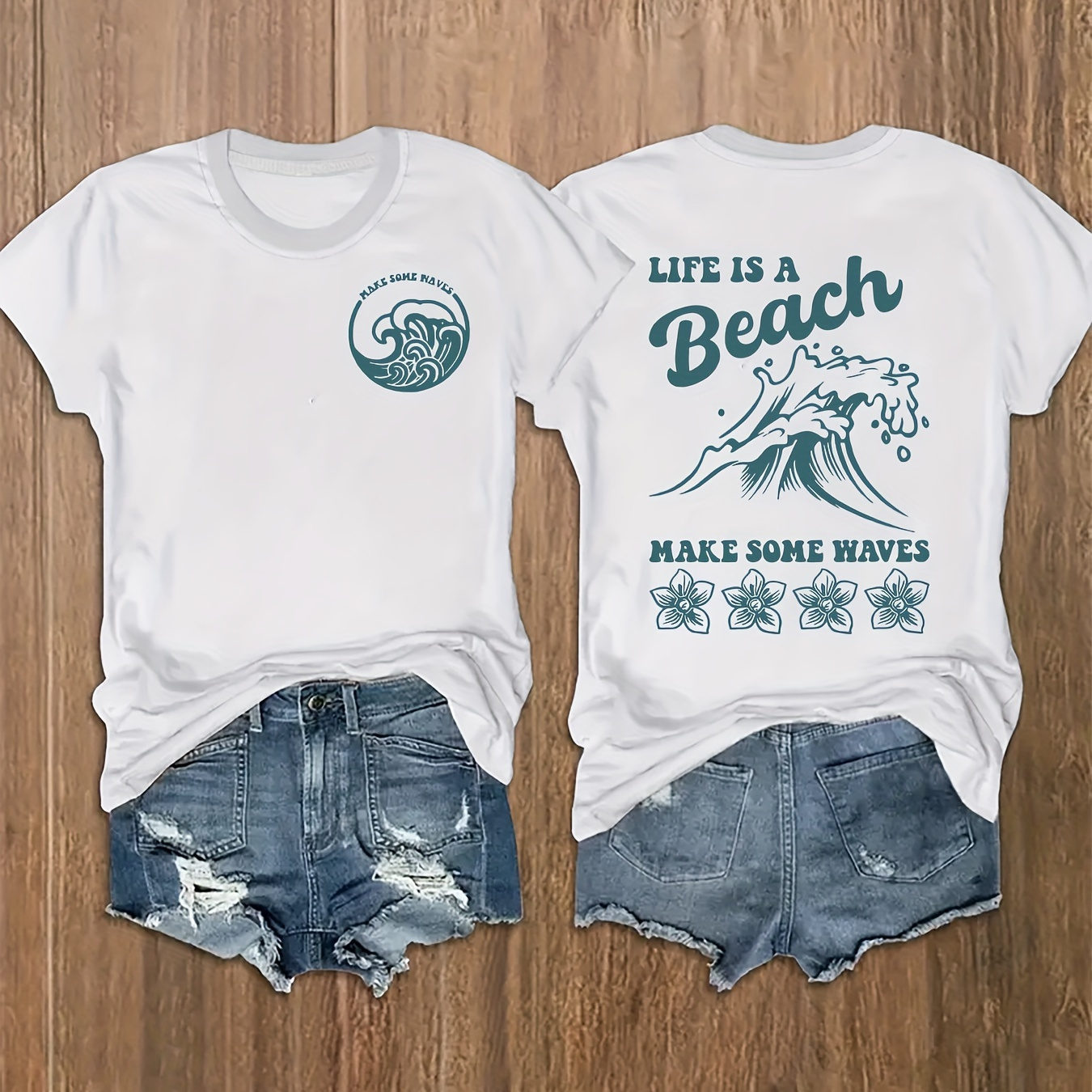 

Plus Size Beach Print T-shirt, Casual Crew Neck Short Sleeve T-shirt, Women's Plus Size clothing