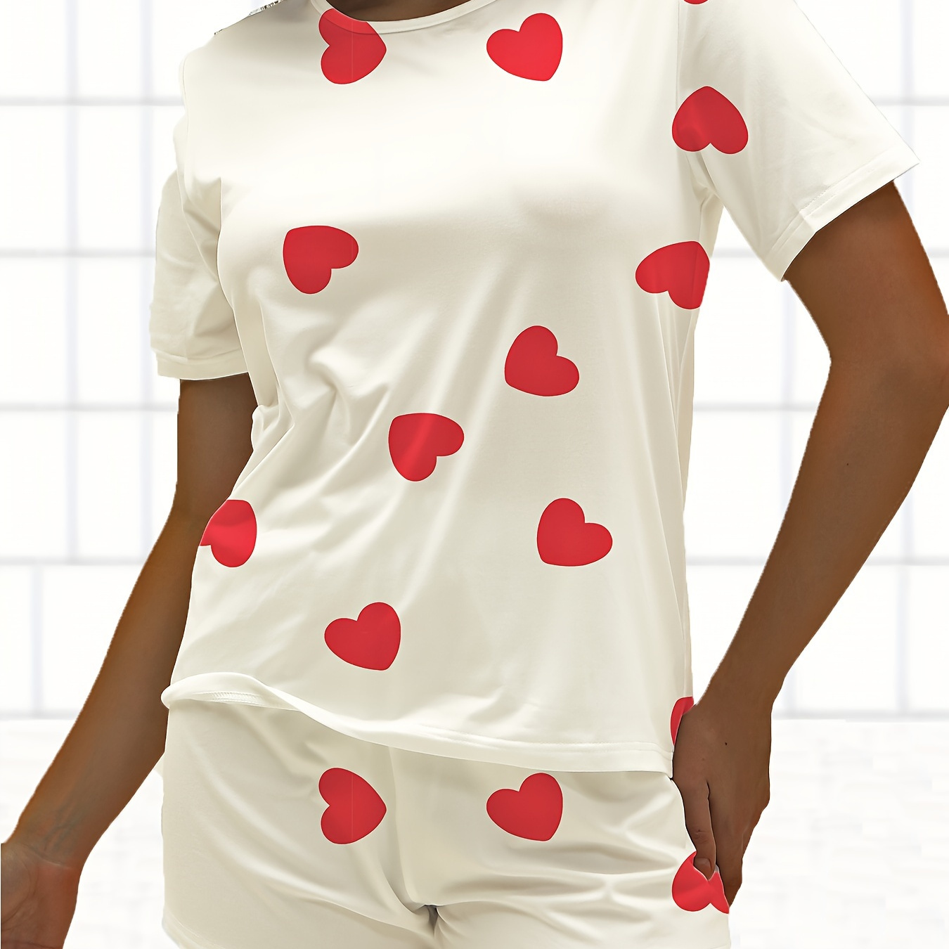 

Heart Print Pajamas Set, Short Sleeve Crew Neck Top & Shorts, Women's Sleepwear & Loungewear