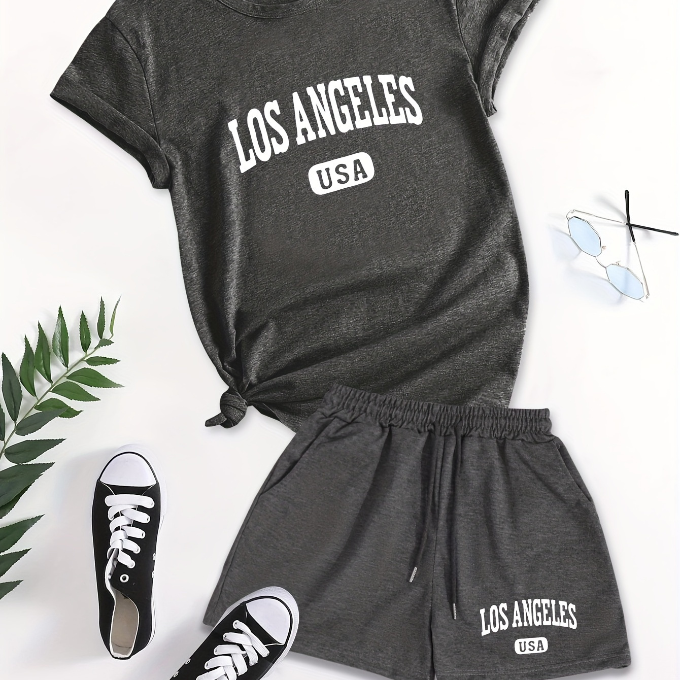 

Los Angeles Print Casual Shorts Set, Crew Neck Short Sleeve T-shirt & Elastic Waist Slant Pocket Drawstring Shorts Outfits, Women's Clothing