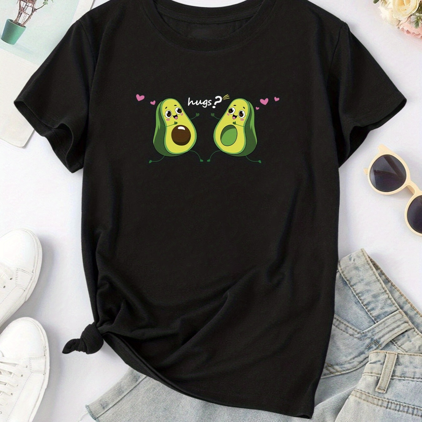 

Avocado & Hugs Print T-shirt, Casual Crew Neck Short Sleeve T-shirt For Spring & Summer, Women's Clothing