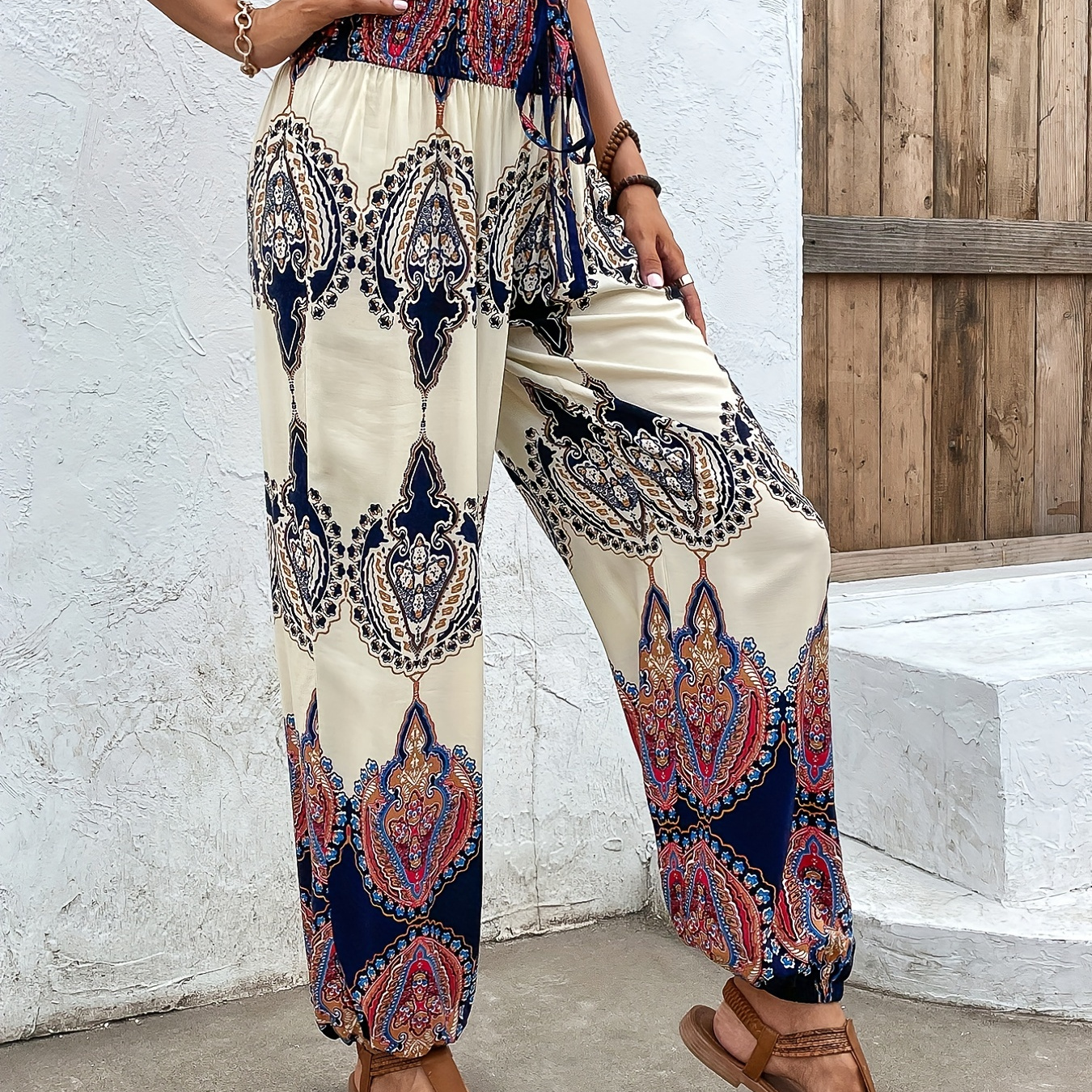 Tribal  Print Stirred Waist Pants, Casual Elastic Bottom Pants For Spring & Summer, Women's Clothing