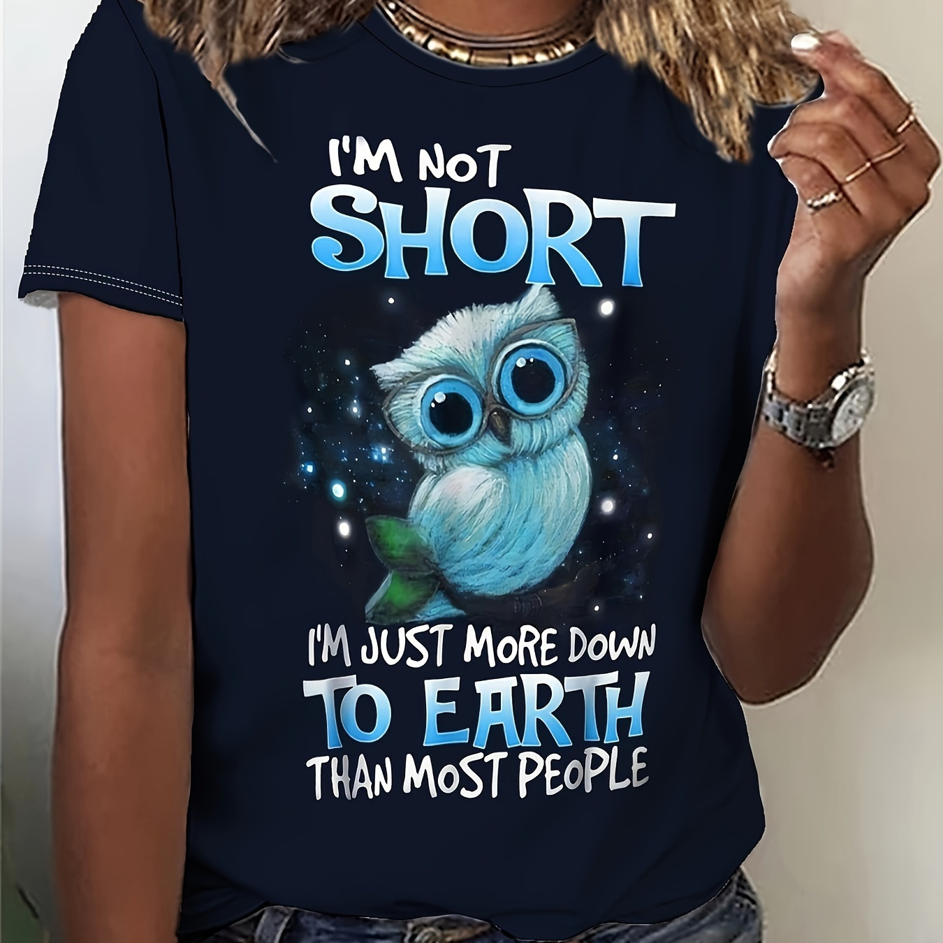 

Owl Print T-shirt, Casual Short Sleeve Crew Neck Top For Spring & Summer, Women's Clothing