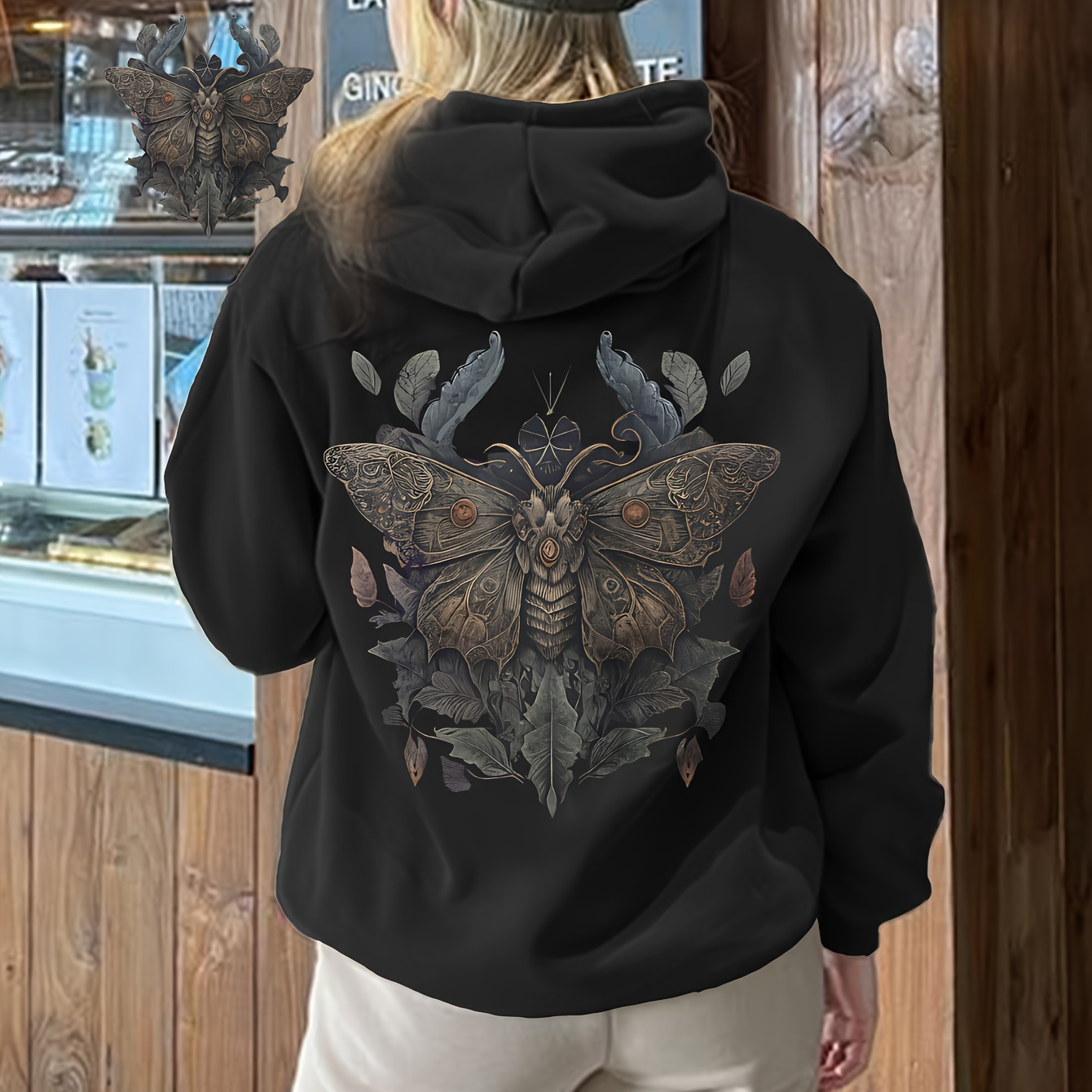 

Women's Casual Moth Print Hoodie, Polyester Knit Fabric, Hooded Pullover With Long Sleeves,