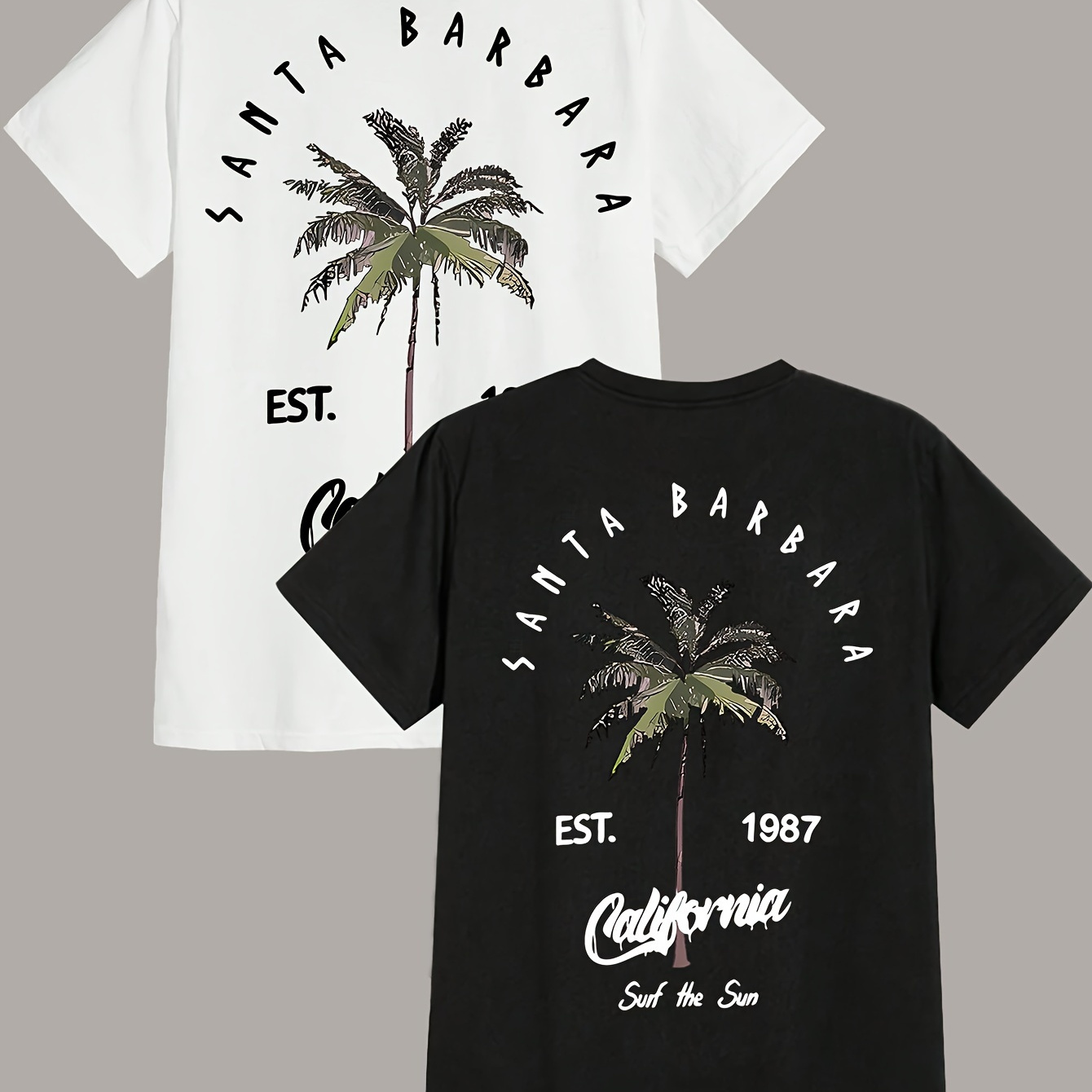 

Set Of 2 Coconut Tree And Lettering Graphic Men's Comfort T-shirts, Casual Short Sleeve Summer T-shirt Tops