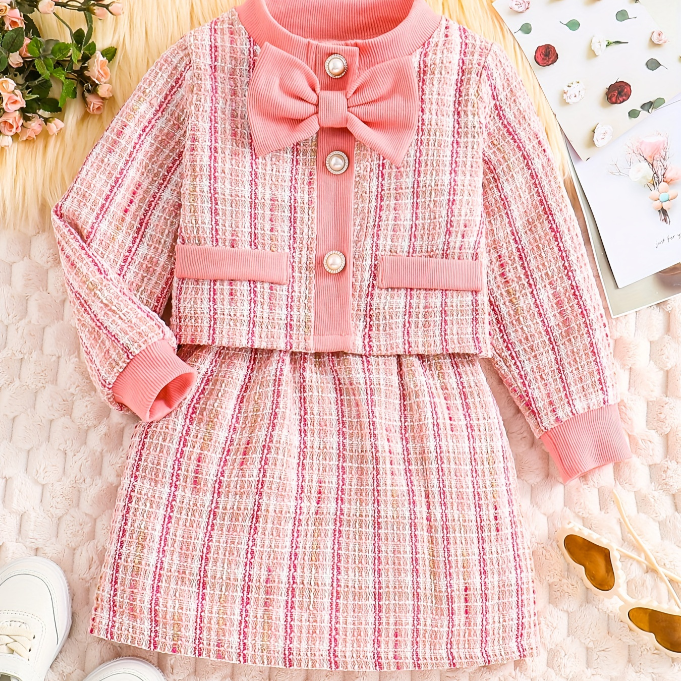 

2pcs Elegant Tweed Coat Outfit, Girl's Artificial Pearl Button Cardigan & Skirt Set, Kid's Clothes For Spring Autumn