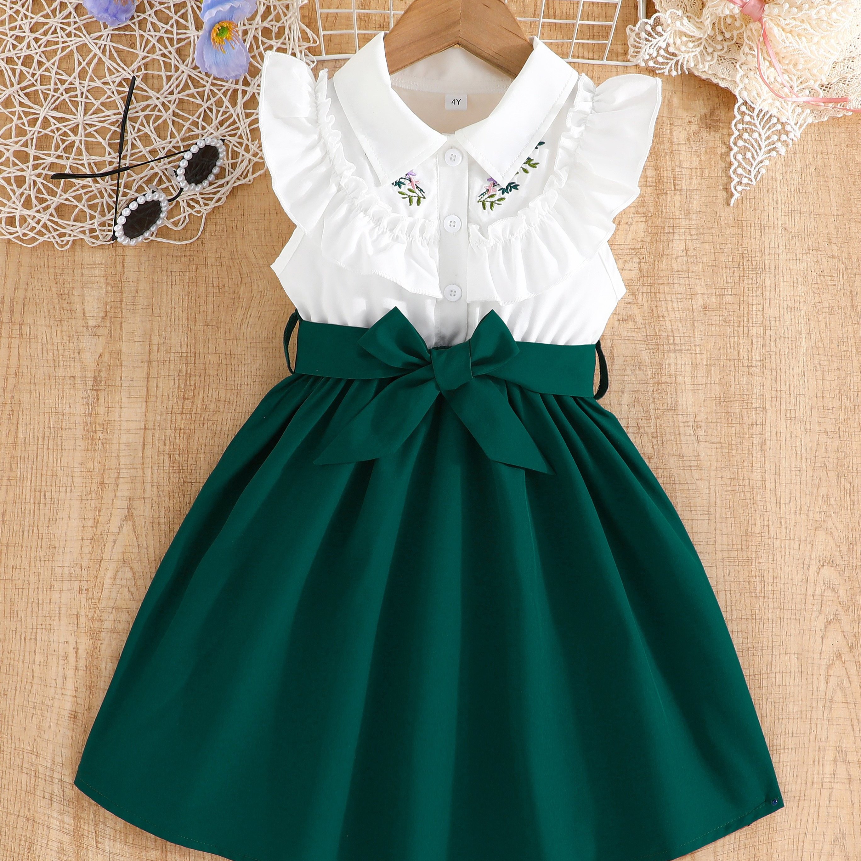 

Girls Sweet Ruffle Sleeveless Embroidered Dress With Bow Belt For Summer