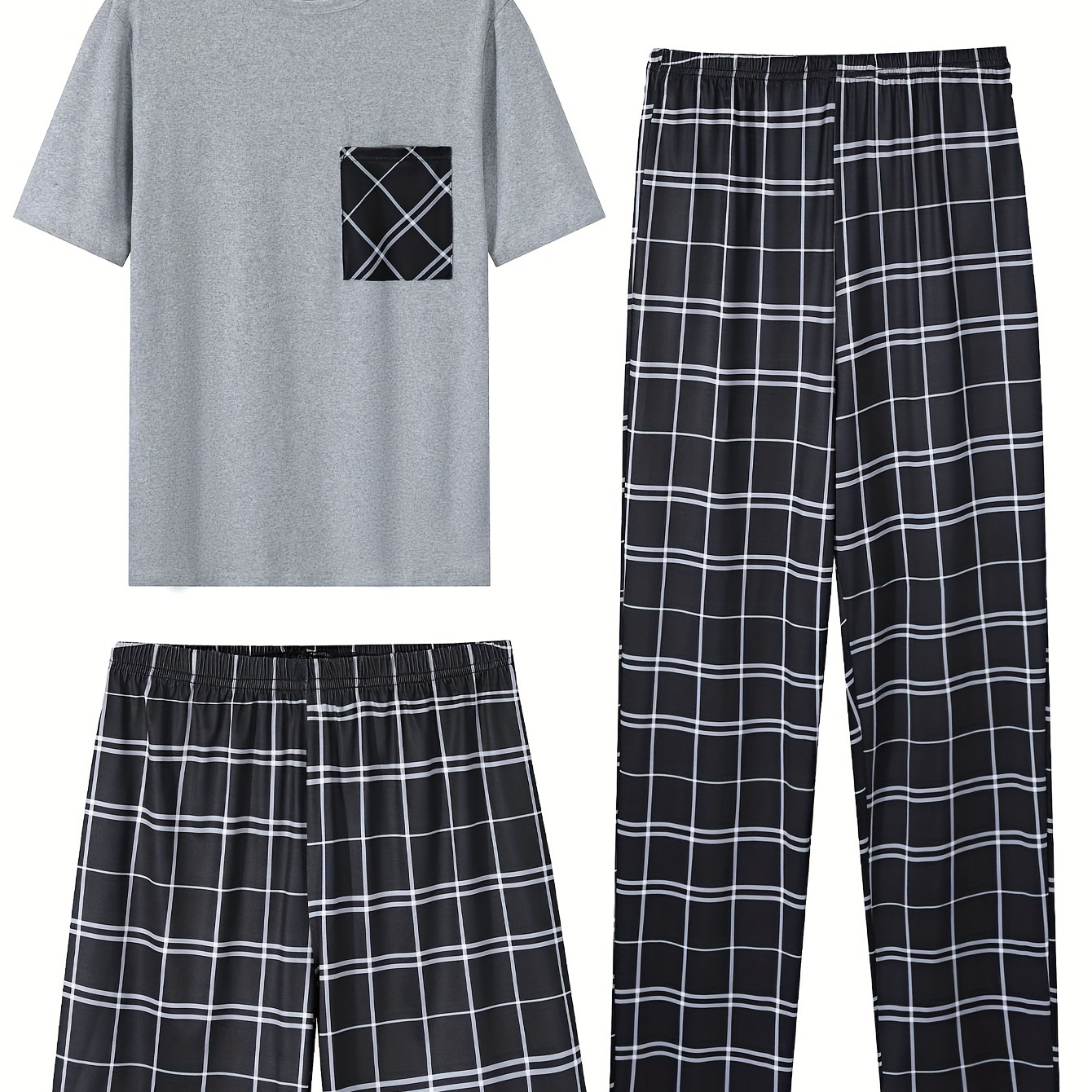 

3 Pieces Men's Trendy Casual Pajamas Sets, Short Sleeve Crew Neck Top T-shirt & Plaid Loose Stretchy Elastic Waist Pants & Shorts Lounge Wear