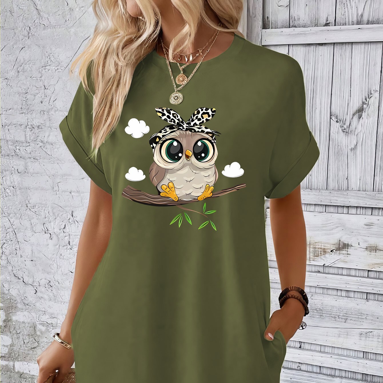 

Owl Print Tee Dress, Short Sleeve Crew Neck Casual Dress For Summer & Spring, Women's Clothing