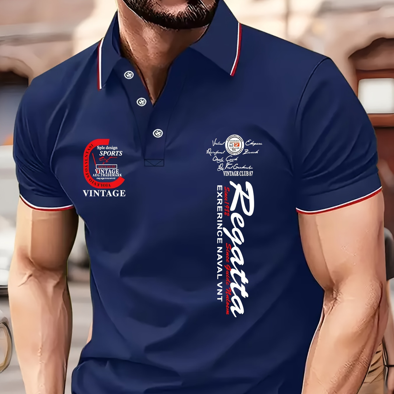 

Vintage Sports Polo Shirt: Men's Casual V-neck T-shirt With Short Sleeves, Geometric Pattern, And Button-down Collar - Perfect For Summer Golf Outings