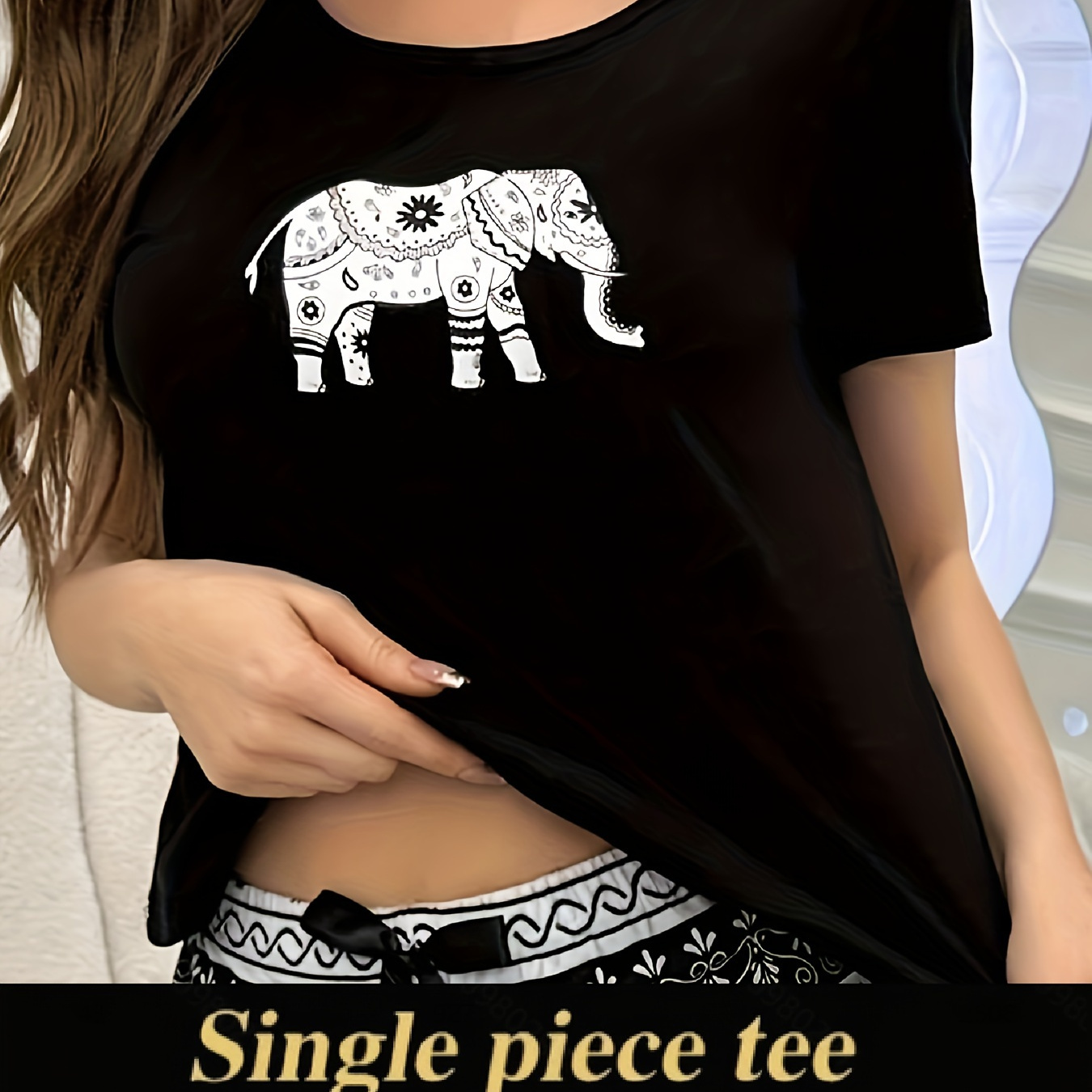 

Casual Cartoon Elephant Print Pajama Tops, Short Sleeve Round Neck T-shirt, Women's Sleepwear & Loungewear