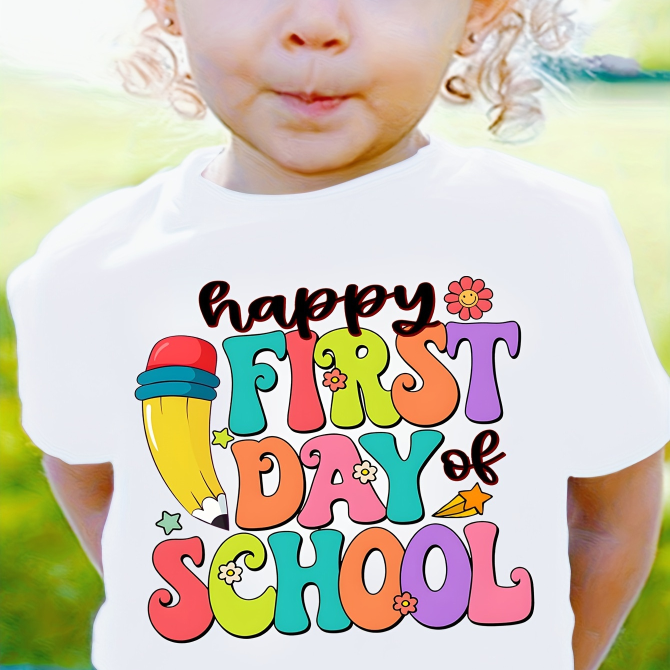 

Girls' Short-sleeve T-shirt "happy First Day Of School" With Pencil & Flower Graphics, Cute, Comfortable Top