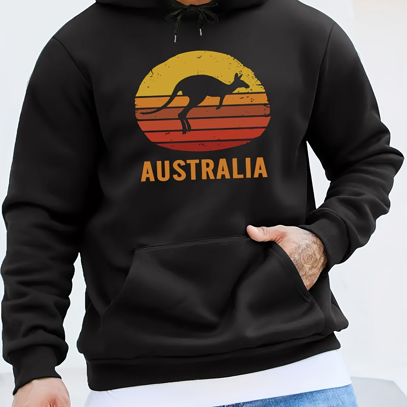 

Australian Kangaroo Print Kangaroo Pocket Hoodie, Casual Long Sleeve Hoodies Pullover Sweatshirt, Men's Clothing, For Fall Winter