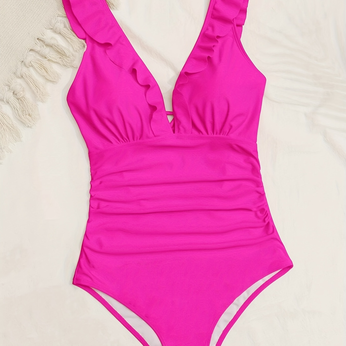 

Hollow Out Ruffle Magenta One-piece Swimsuit, Tie Back Deep V Neck Ruched Plain Bathing Suits, Women's Swimwear & Clothing