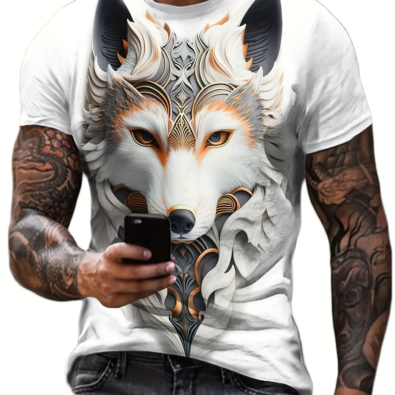 

Men's Wolf Print T-shirt, Animal 3d Round Neck Short Sleeve T-shirt, Summer Outdoor