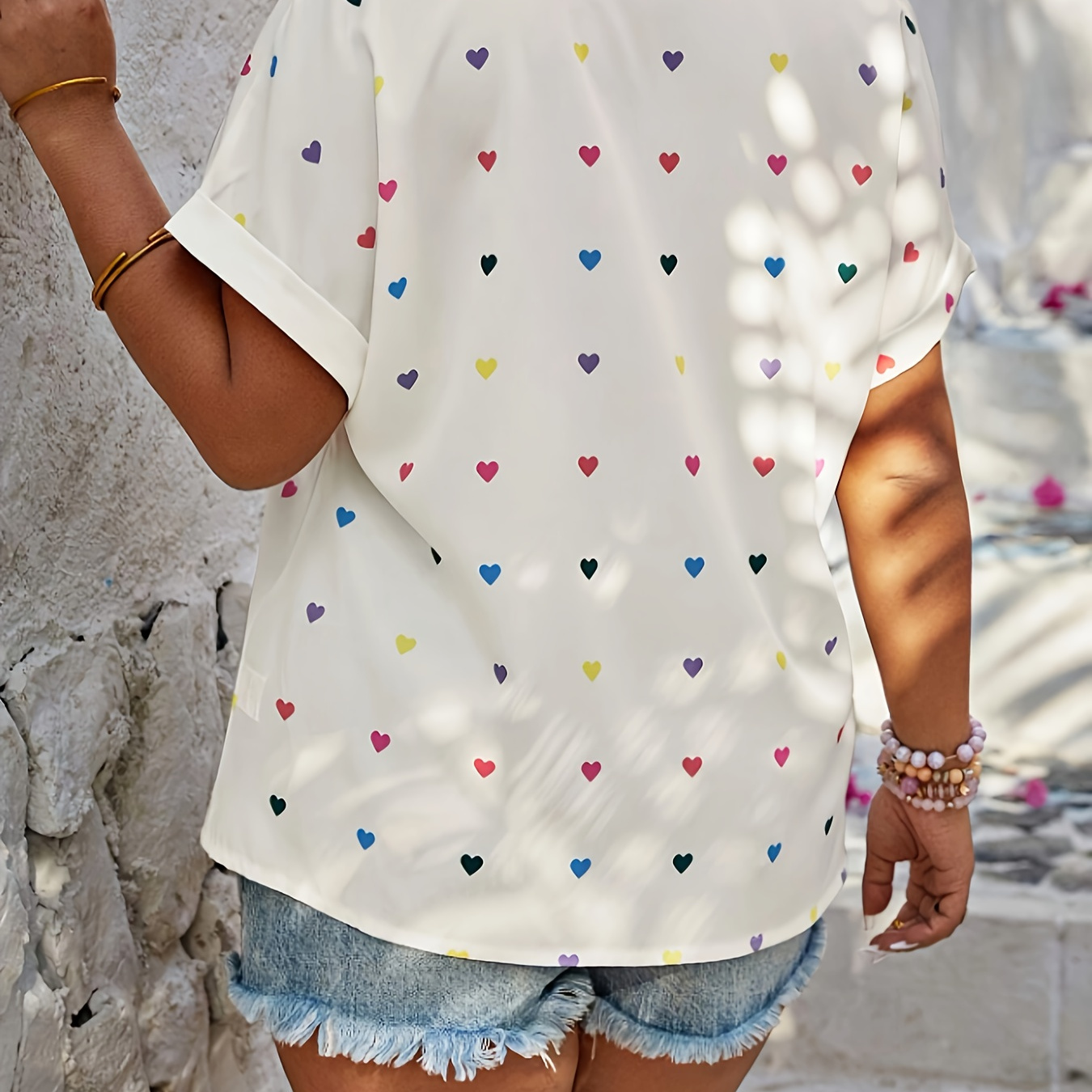 TEMU Plus Size Heart Print Collared Blouse, Casual Short Sleeve Blouse For Spring & Summer, Women's Plus Size Clothing