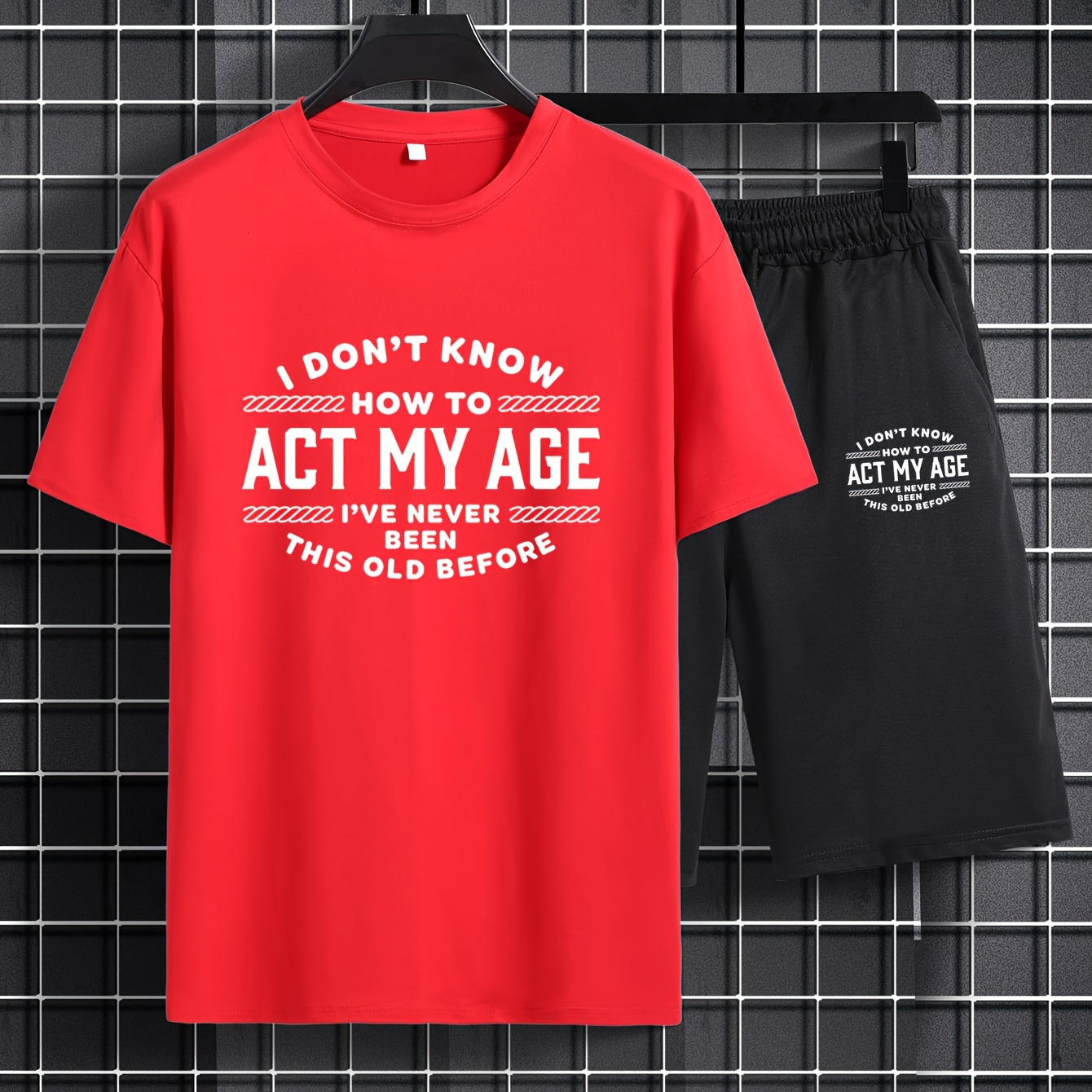 

Plus Size Men's 2pcs, "act My Age" Graphic Print T-shirt & Shorts Set For Summer, Men's Clothing