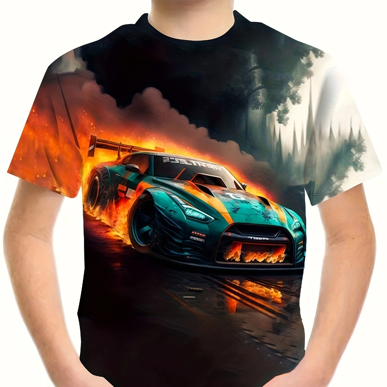 

Cool Flame Racing Car 3d Print T-shirt, Tees For Boys, Casual Short Sleeve T-shirt For Summer Spring Fall