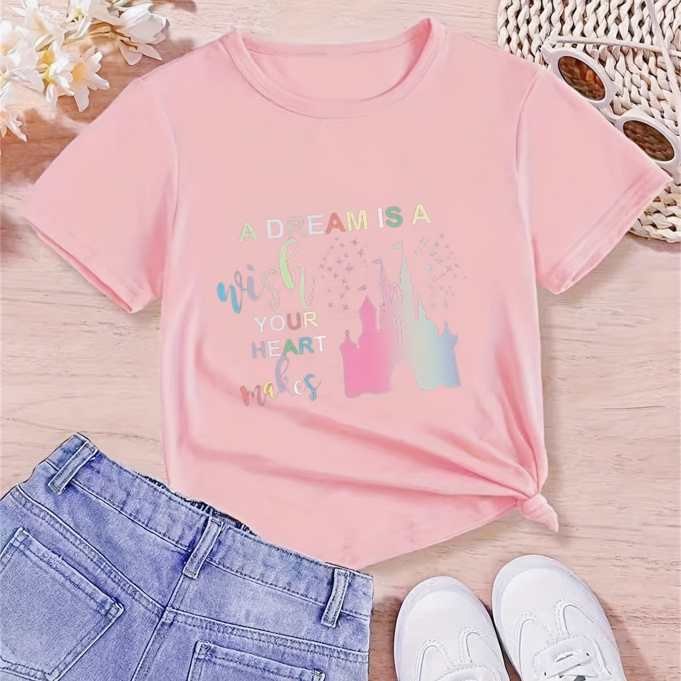 

Castle Graphic & Letter Print Creative T-shirts, Soft & Elastic Comfy Crew Neck Short Sleeve Tee, Girls' Summer Tops