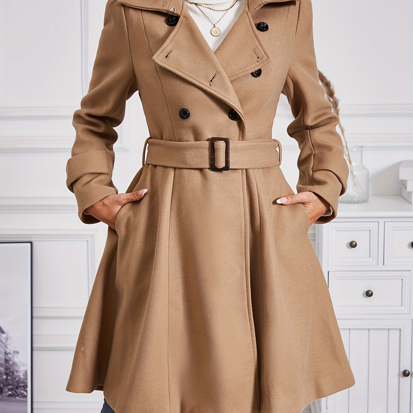 

Double Breasted Lapel Coat, Elegant Long Sleeve Belted Coat For Fall & Winter, Women's Clothing