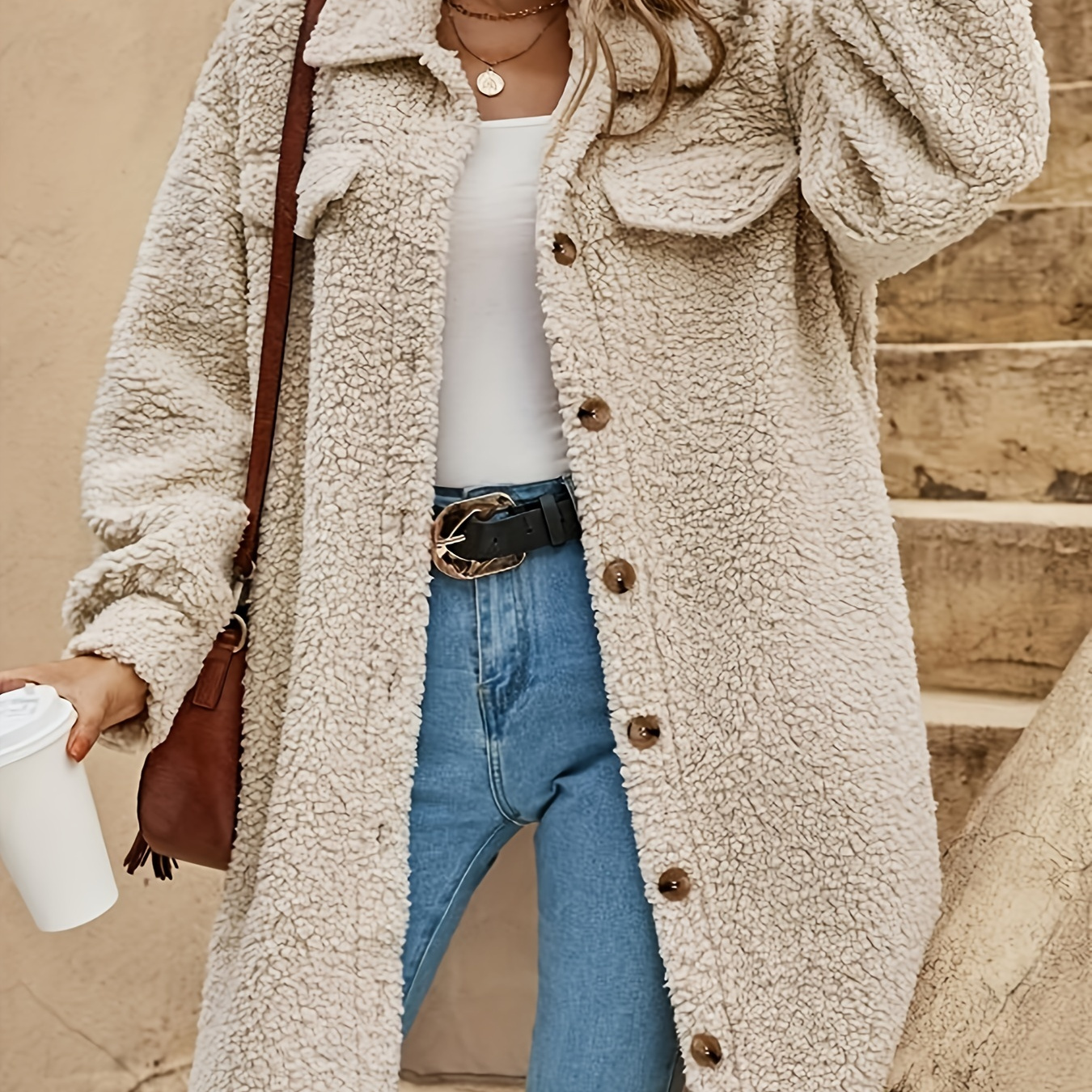 

Plus Size Casual Coat, Women's Plus Solid Fuzzy Fleece Long Sleeve Lapel Collar Button Up Slight Stretch Longline Coat