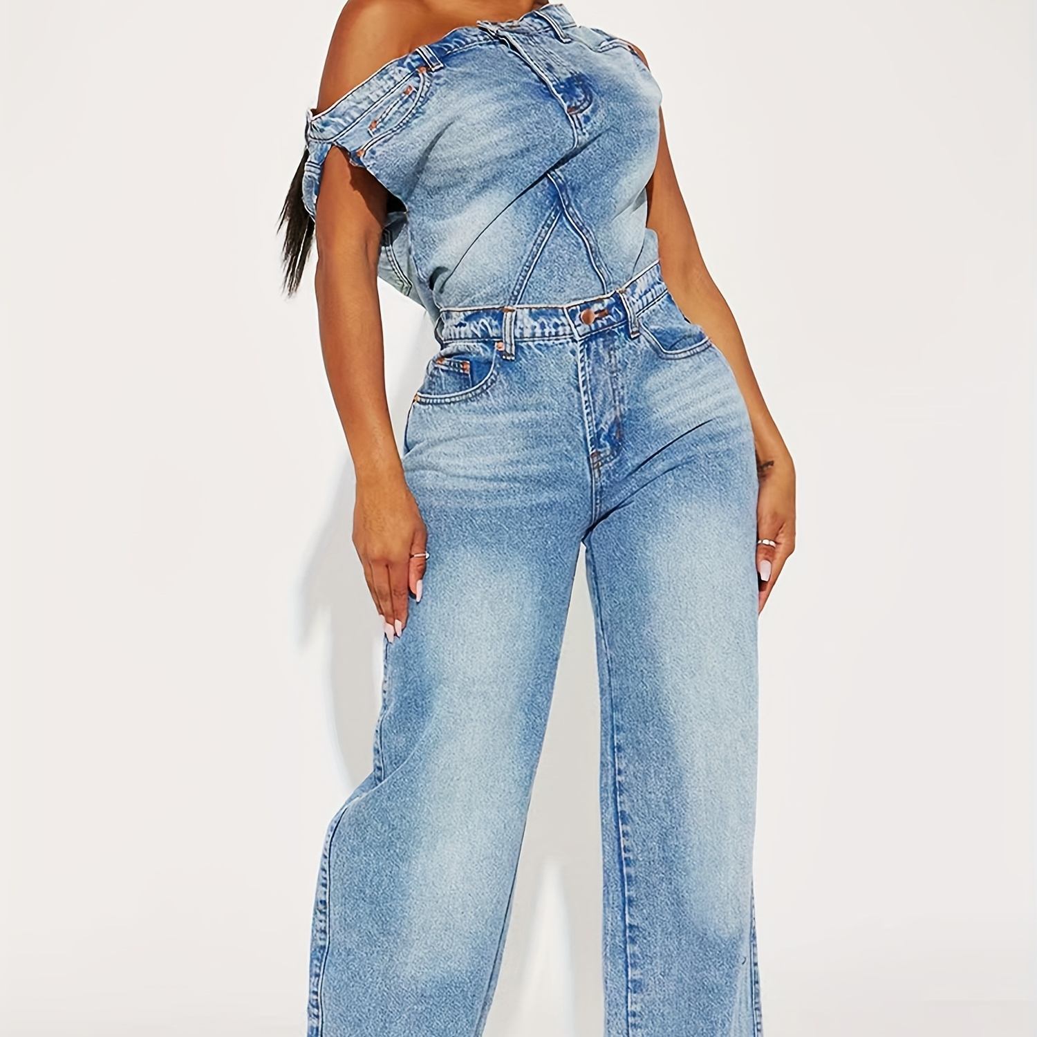 y2k denim jumpsuit asymmetrical one shoulder sleeveless - Temu