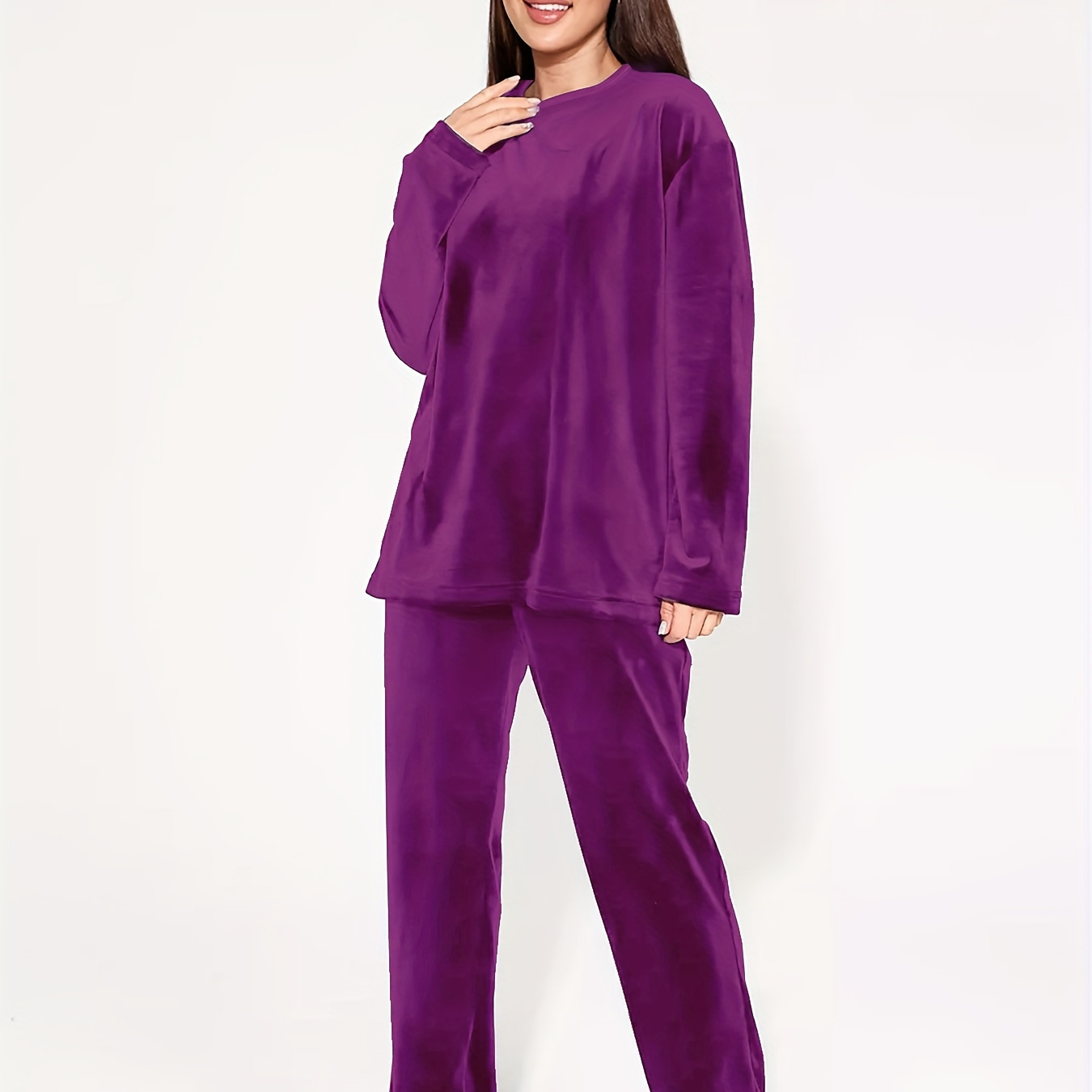 

Cozy Plus Size Velvet Pajama Set For Women - Elegant Long Sleeve Top & Pants, Fall/winter