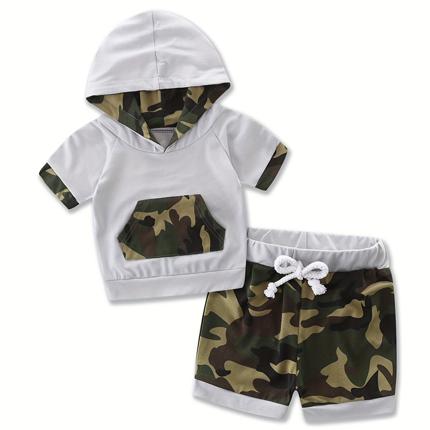 

2pcs Baby Boy's Cotton Summer Outfit, Short Sleeve Camouflage Hooded Sweatshirt With Matching Shorts, Casual Style, Infant Toddler Clothing Set