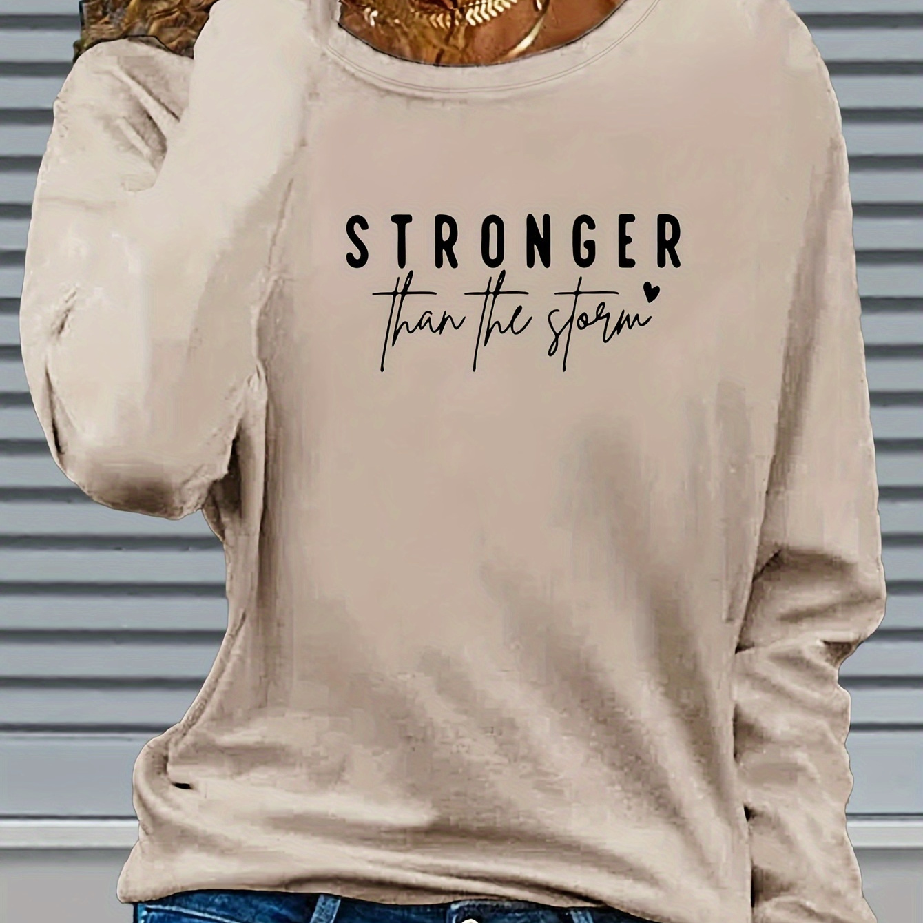 

Women's Inspirational Quote T-shirt, "stronger Than " Letter Print, Casual Round Neck, Long Sleeve, Regular Fit, Polyester, Autumn/ Top