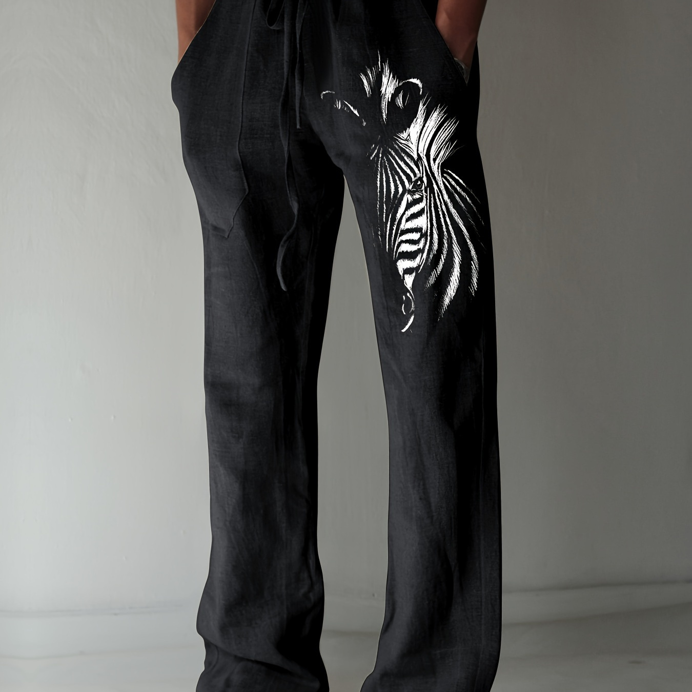 

Men's Zebra Pattern Regular Fit Baggy Pants With Drawstring And Pockets, Chic And Trendy Trousers For Street Wear