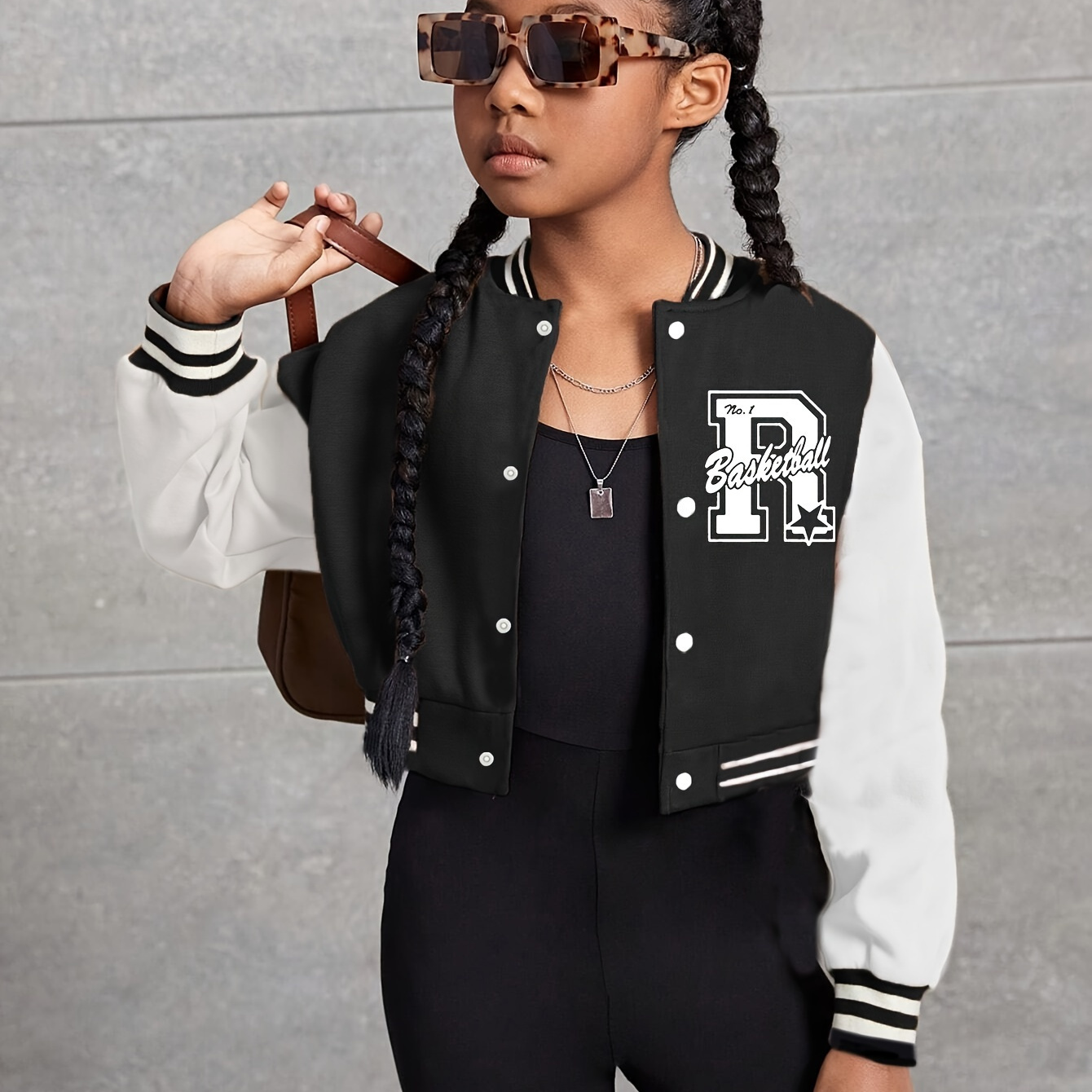 

Girl's Fashion Outdoor Cropped Jacket With Letter R, Baseball And Star Design Print, Comfy Casual Two-tone Color Block Outerwear For Daily And Outdoor, Fall And Winter