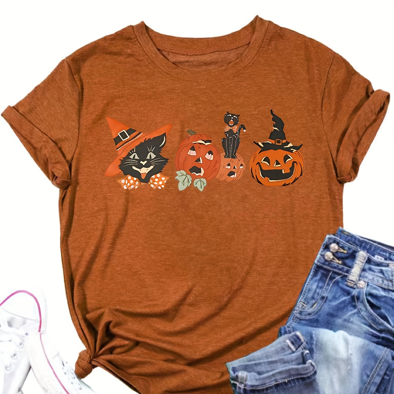 

Pumpkin Cat Print T-shirt For Women - Crew Neck, Casual Polyester Blend Tee With Slight Stretch, Knit Fabric, Regular Length - Seasonal Pullover Top