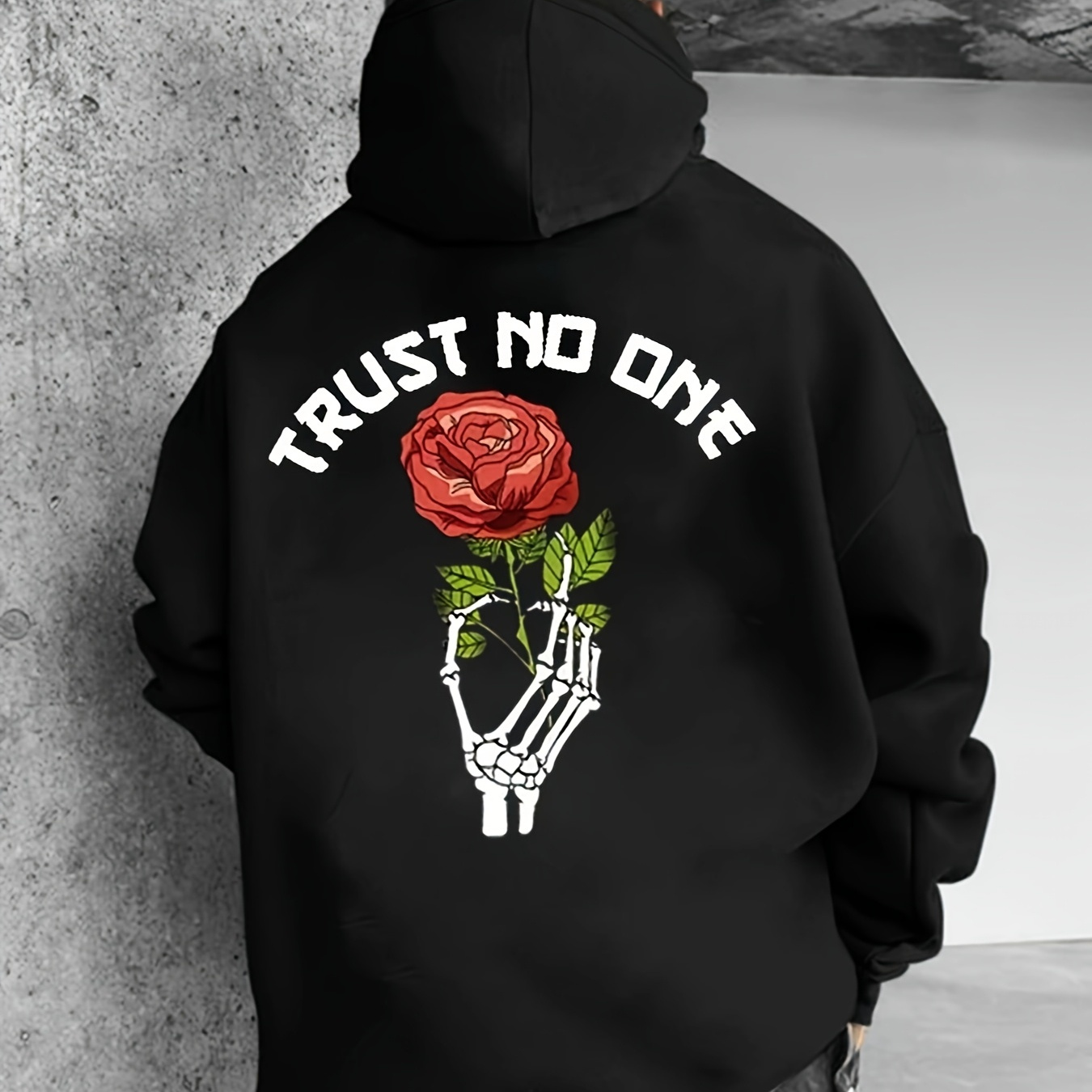 

1pc Men's Casual Hoodie With Rose Print - Non-stretch Knit Fabric, Loose Fit, Hooded Collar, Pocket Detail - Comfortable All- Autumn/winter Sweatshirt