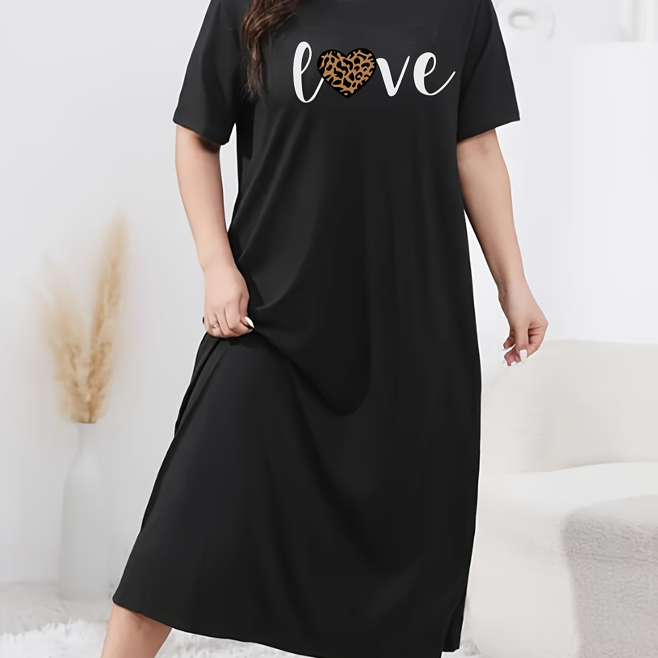 

Lovely Leopard Print Love Letter Tee Dress: 1xl, 95% Polyester, 5% Elastane, Spring/summer, Long Sleeve, Relaxed Fit, Knit Fabric, Casual Outfit, Asymmetrical Design