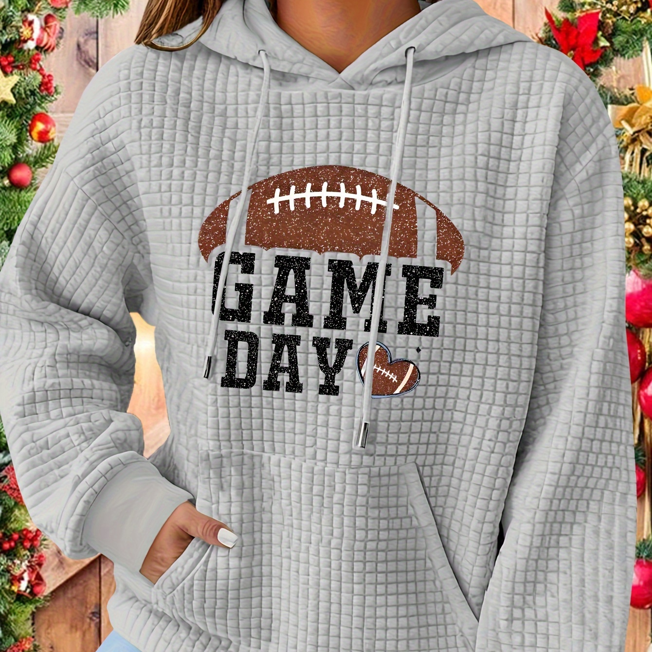 

Women's Festive Christmas Football Print Hoodie, Casual Polyester Knit Pullover With Drawstring, Long Sleeve, Waffle Texture, Cozy Fall/winter Top