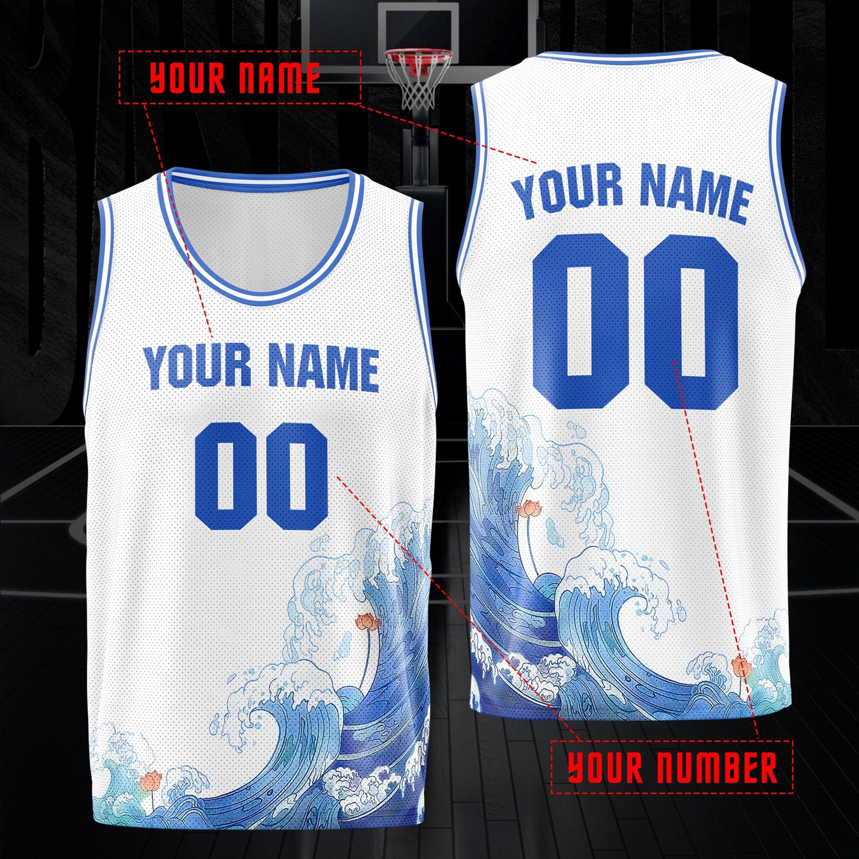 

Customized Name And Number, Men's Wave Print Sleeveless Basketball Tank Top, Summer Comfy Top For Training And Competition