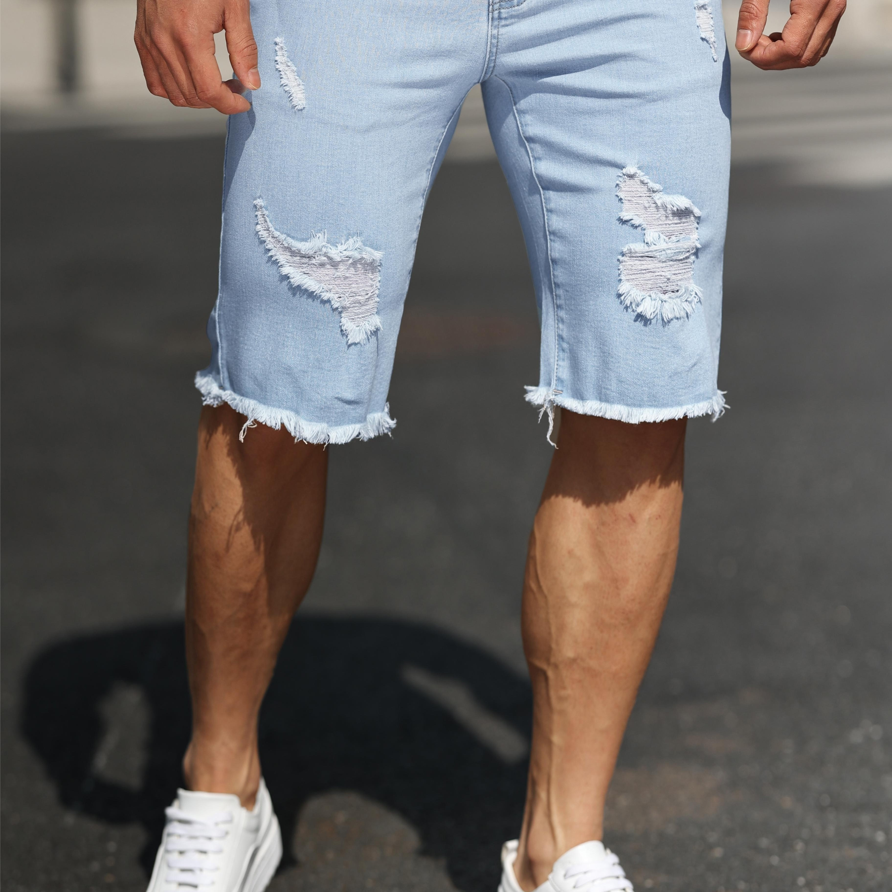 

Men's Summer Distressed Denim Shorts, Casual Knee High , With Pockets, Woven Cotton (75% Cotton, 23% Polyester, 2% Spandex)