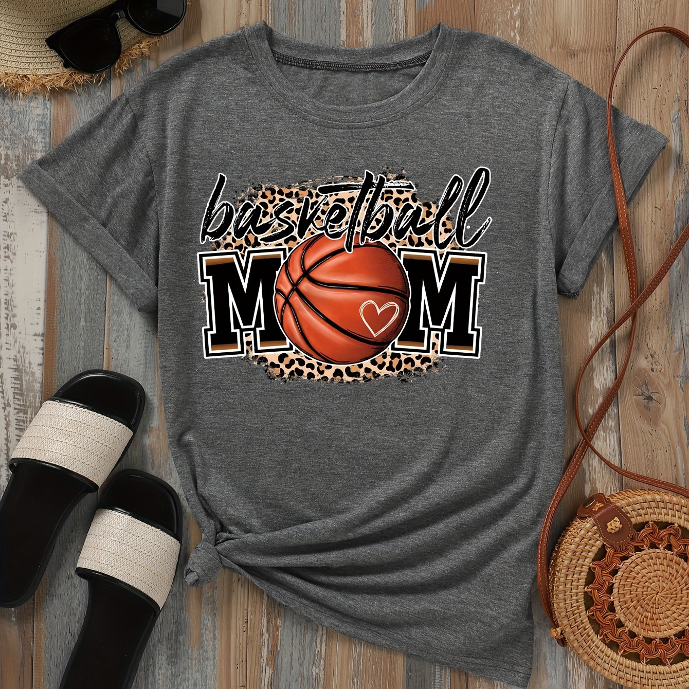 

Basketball Mom Print T-shirt, Casual Crew Neck Short Sleeve Top For Spring & Summer, Women's Clothing