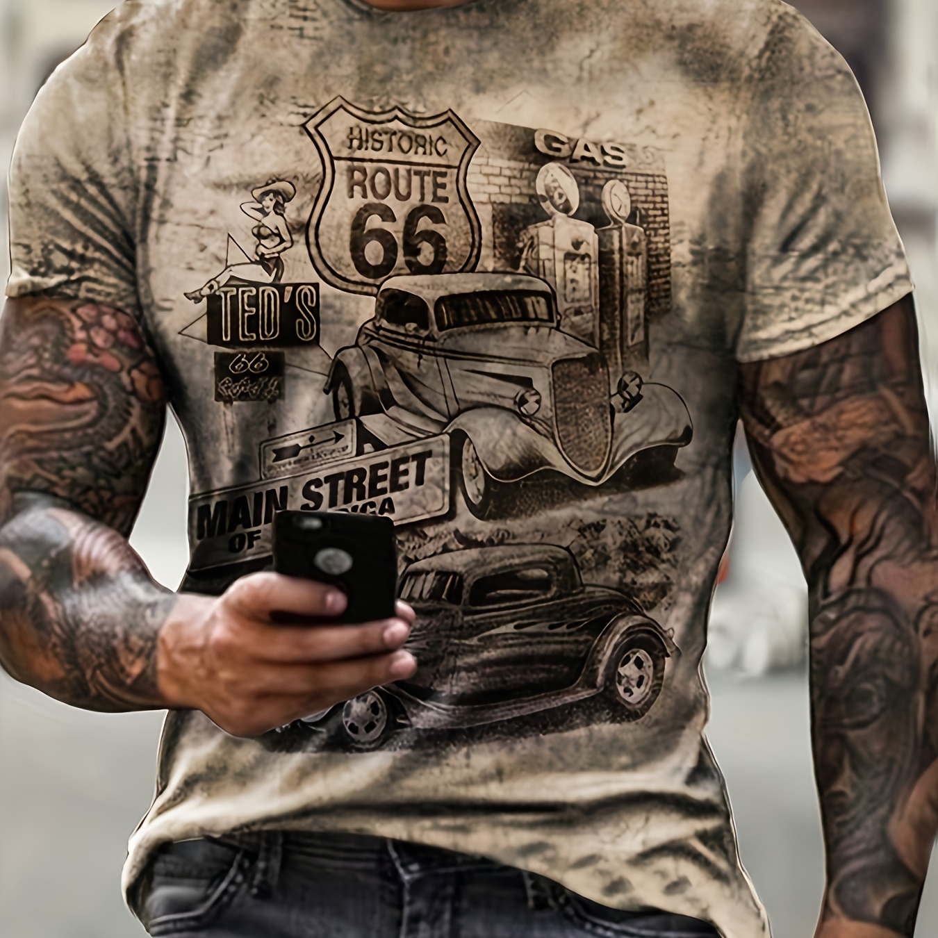

''route 66'' And Classic Car Pattern Print Men's Short Sleeve Comfy T-shirt, Graphic Tee Men's Summer Clothes, Men's Clothing