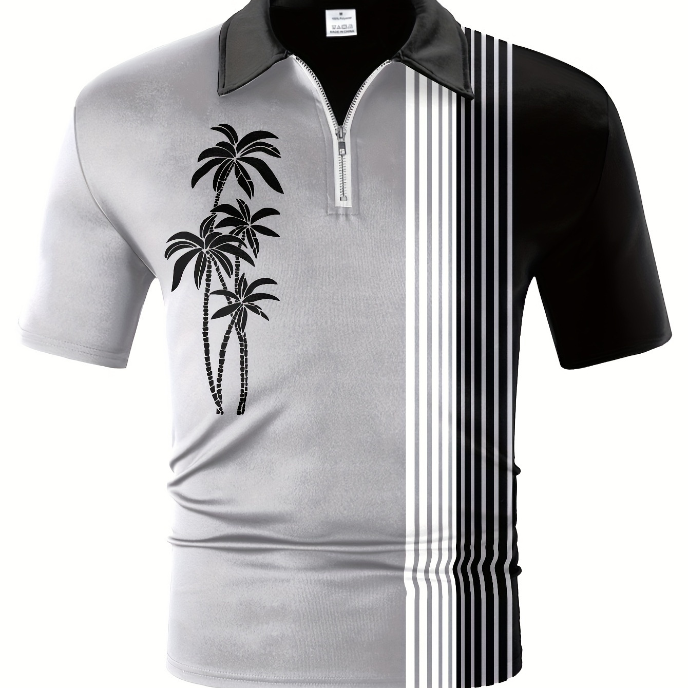 

Coconut Tree And Stripe Print Men's Chic Color Block Short Sleeve Zipper Lapel Shirt, Summer Sports