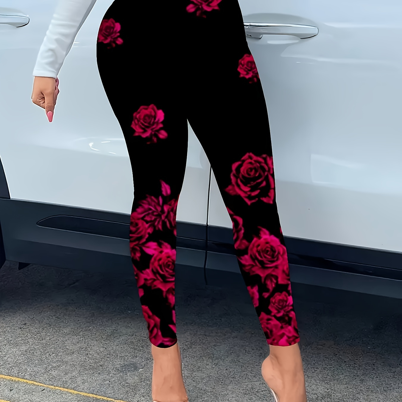 

Leggings fleurie rose décontractée pour femmes - Mélange de polyester et d'élasthanne, pantalon taille haute skinny, tissu tricoté élastique confortable, pantalon élégant pour toutes les