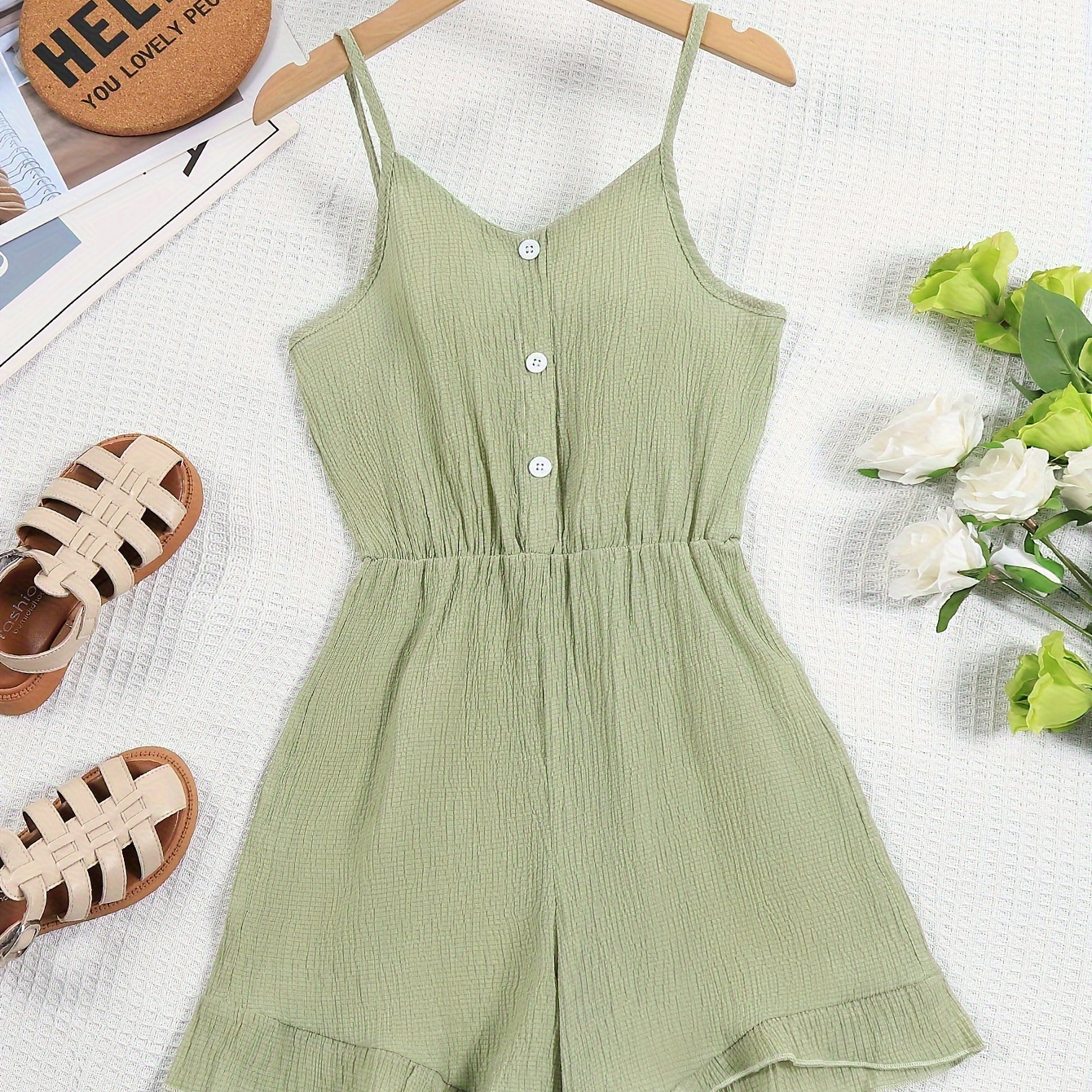 

Girls Casual Button Decor Cami Jumpsuit Versatile Romper, Summer Clothes For Holiday Gift