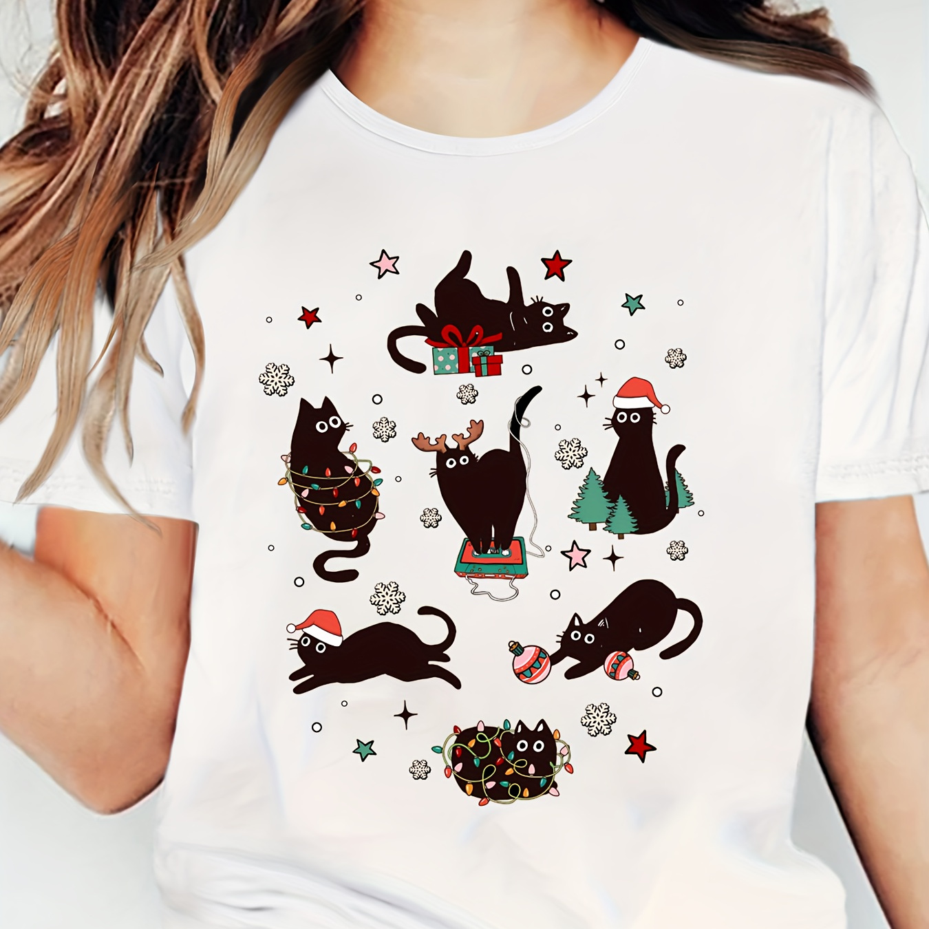 

Women' Short Sleeve T-shirt, Comfortable And Stylish For Sports And , Christmas Cats Cartoon Pattern
